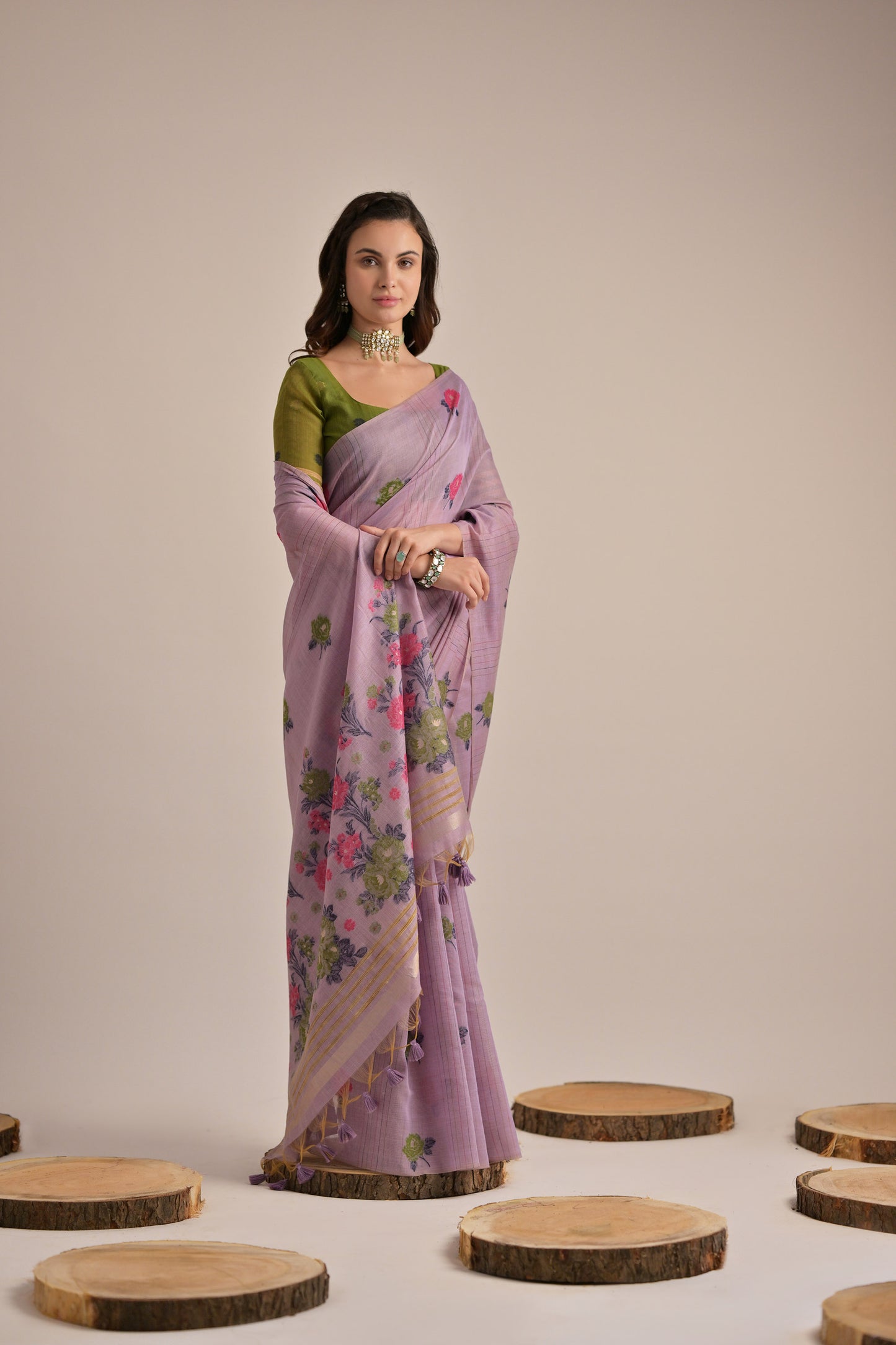 Lavender Muga Cotton Flower embroidered saree