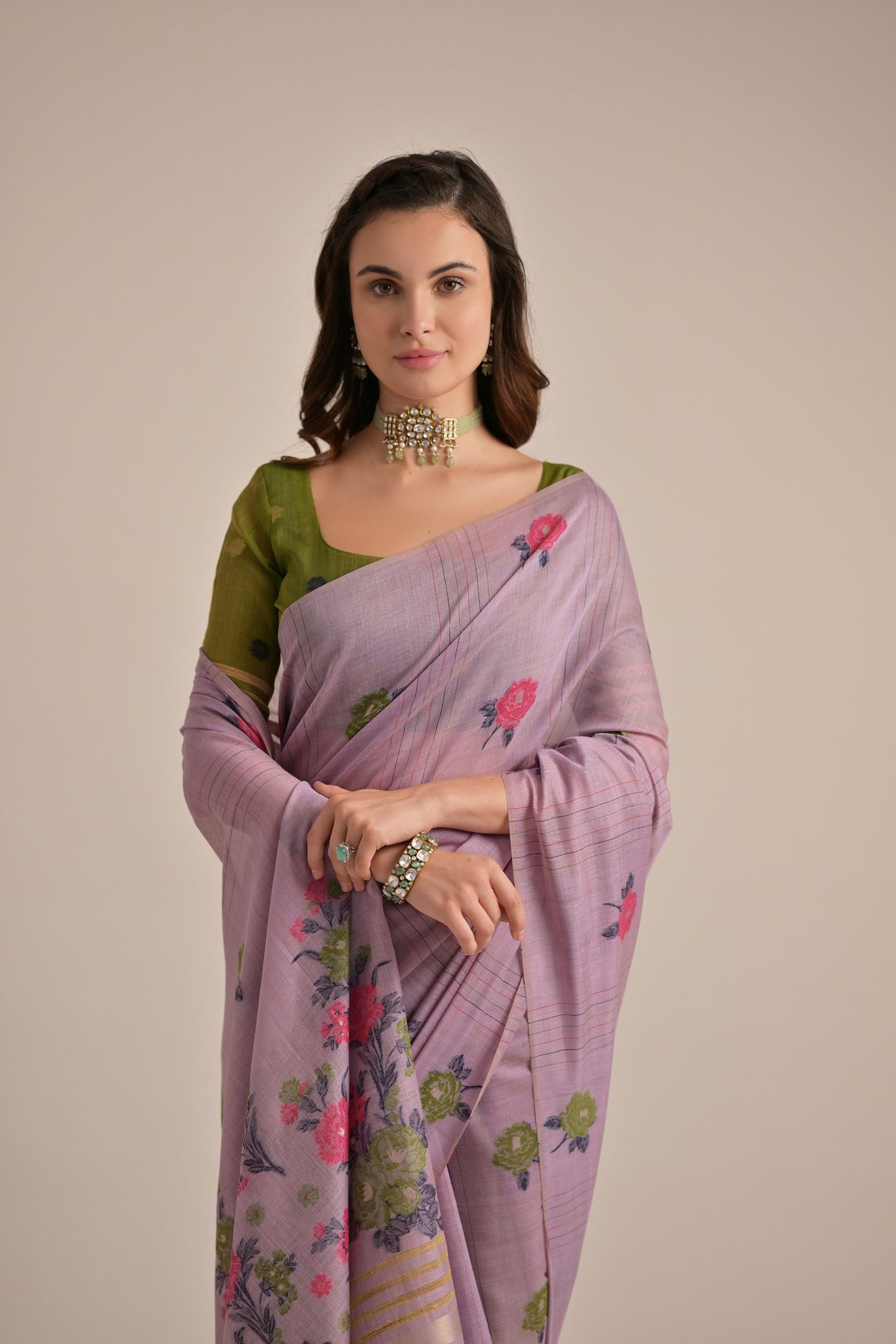 Lavender Muga Cotton Flower embroidered saree