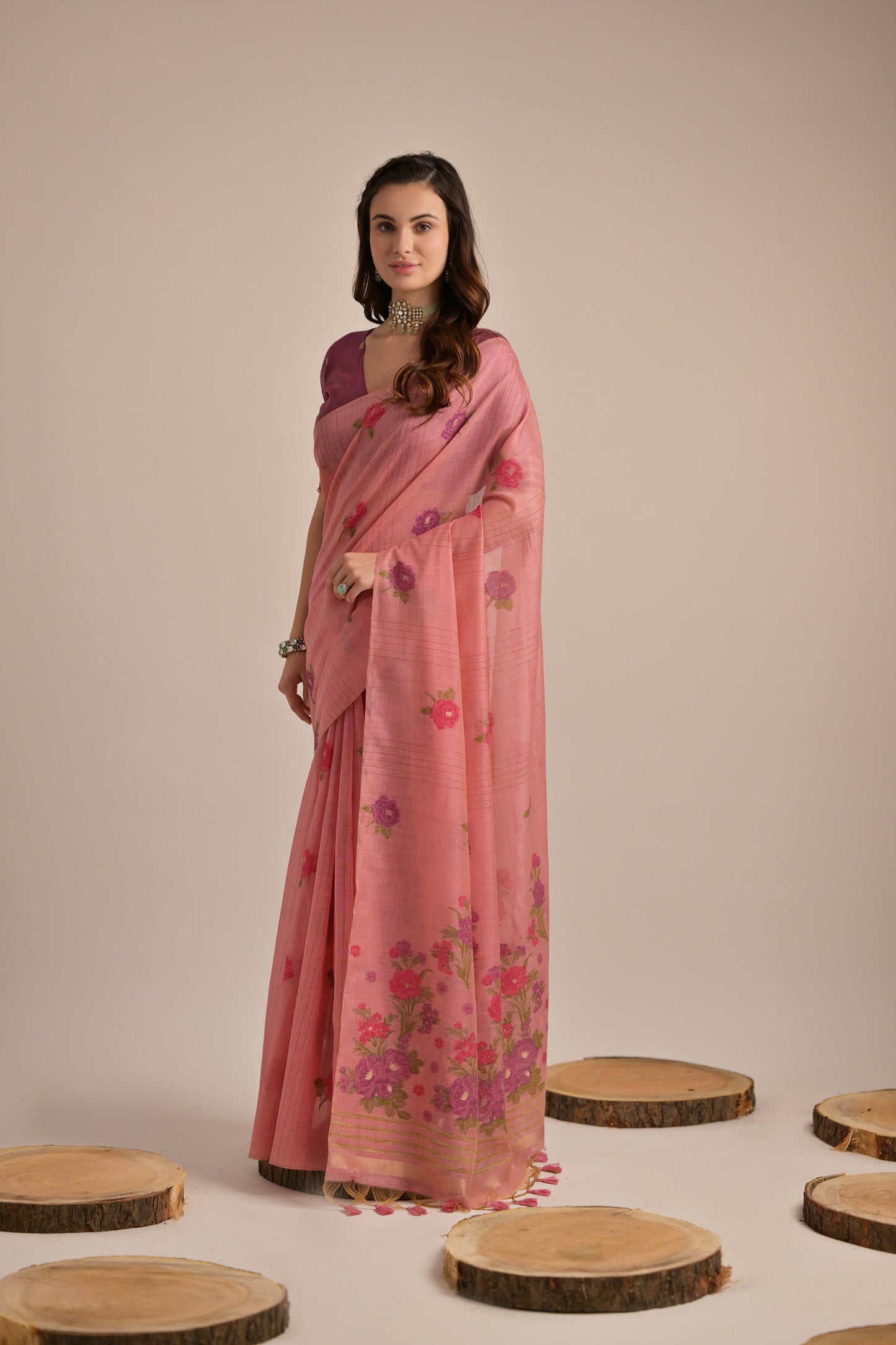 Pink Muga Cotton Flower embroidered saree