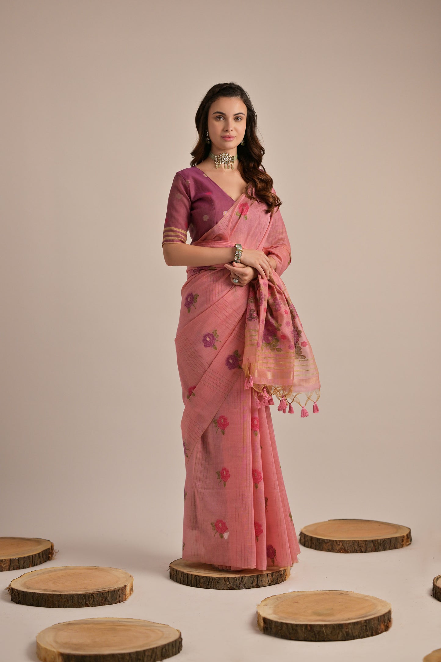 Pink Muga Cotton Flower embroidered saree