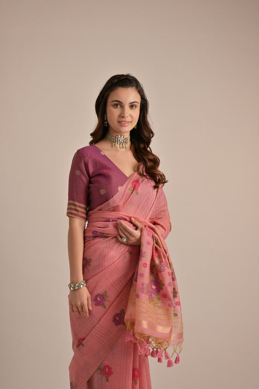 Pink Muga Cotton Flower embroidered saree