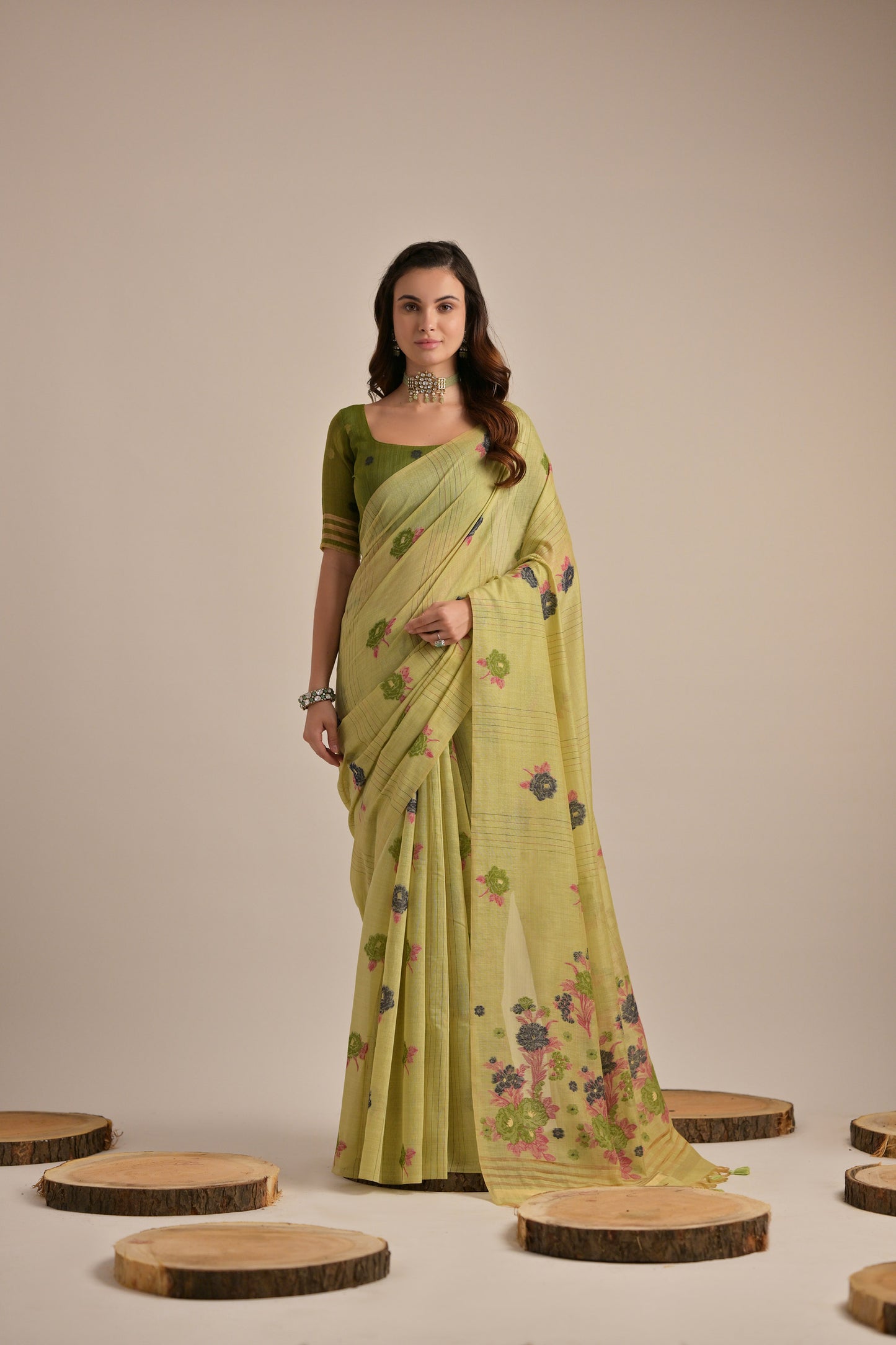 Pista Green Muga Cotton Flower embroidered saree