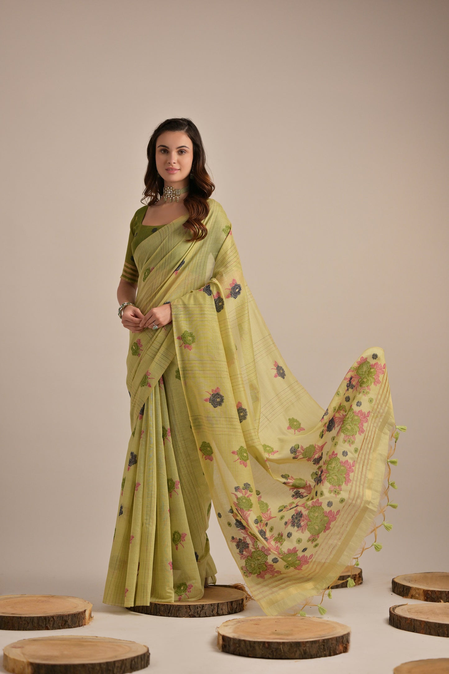 Pista Green Muga Cotton Flower embroidered saree