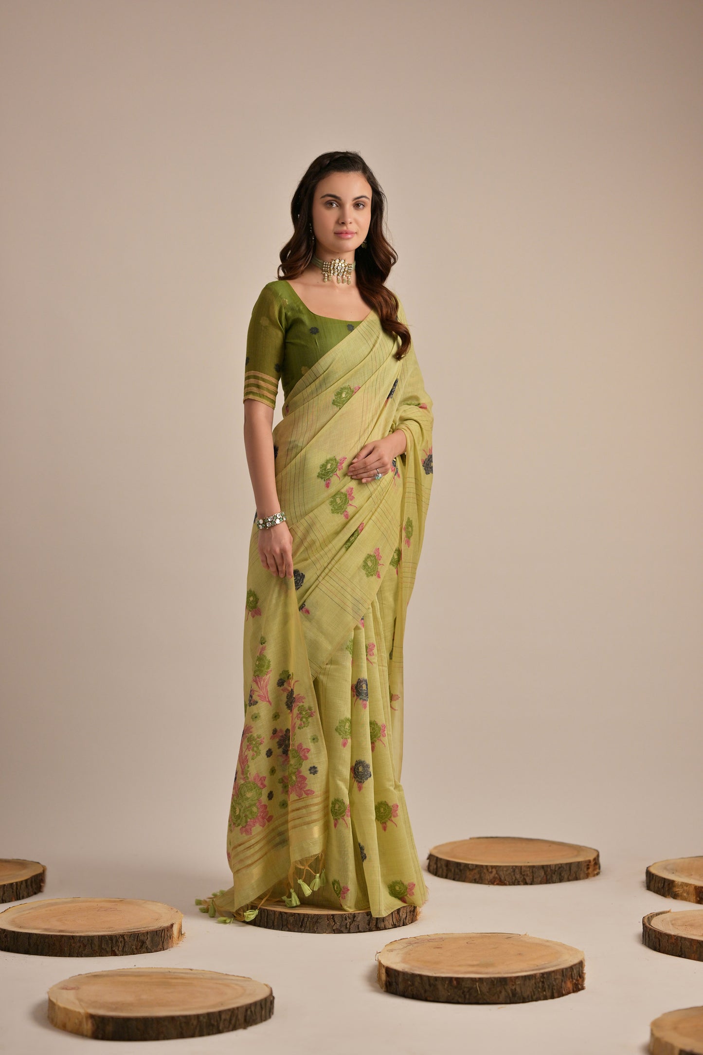 Pista Green Muga Cotton Flower embroidered saree