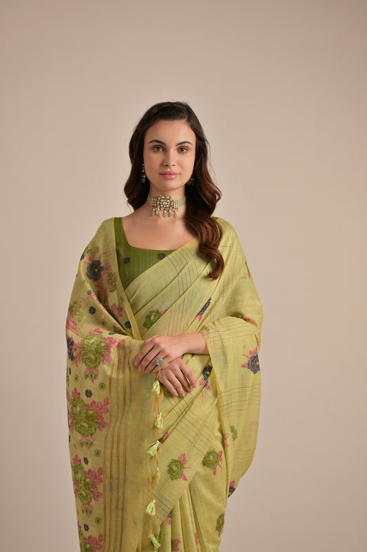 Pista Green Muga Cotton Flower embroidered saree