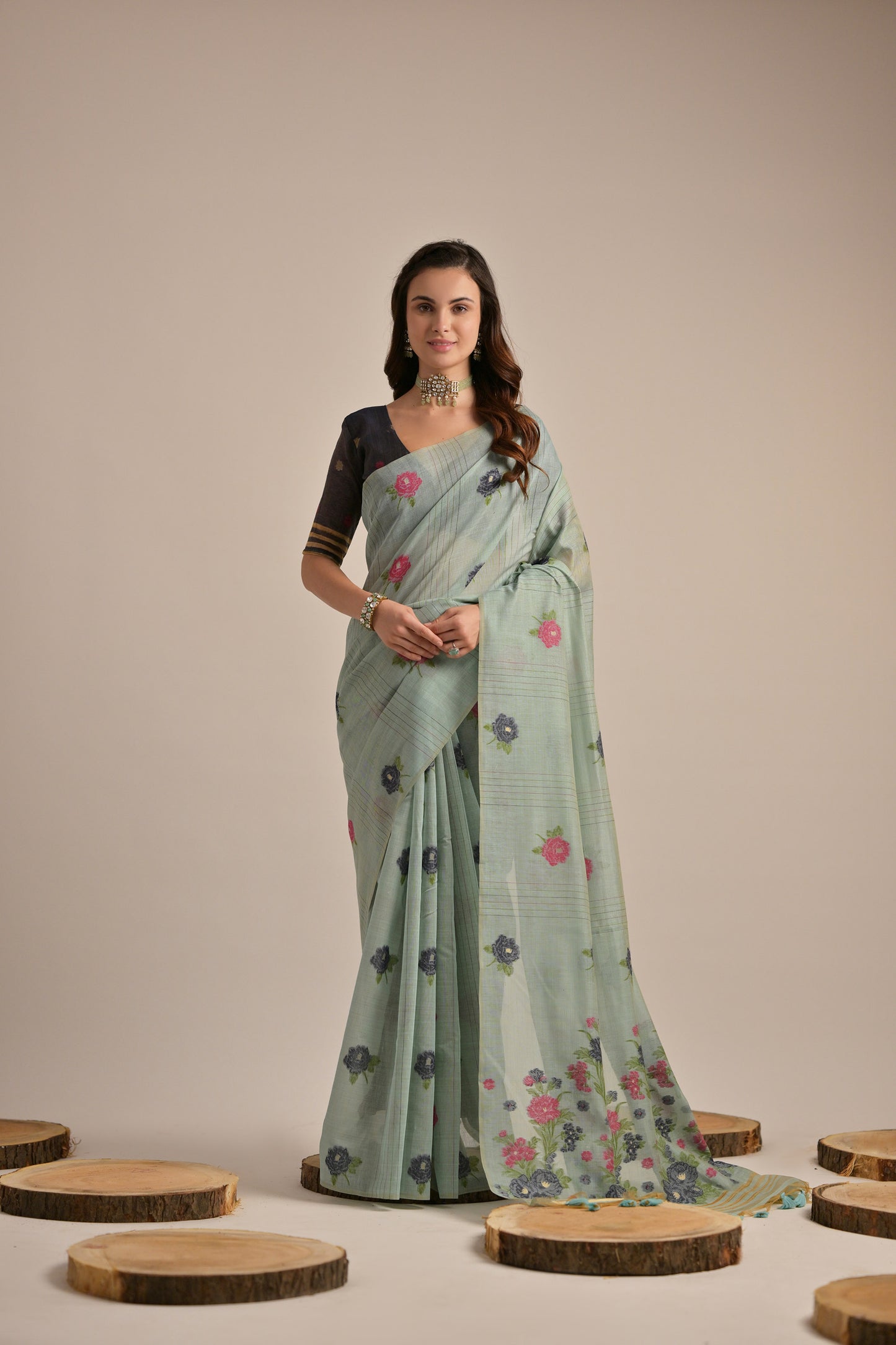 Sea Green Muga Cotton Flower embroidered saree