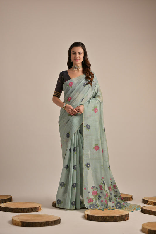 Sea Green Muga Cotton Flower embroidered saree