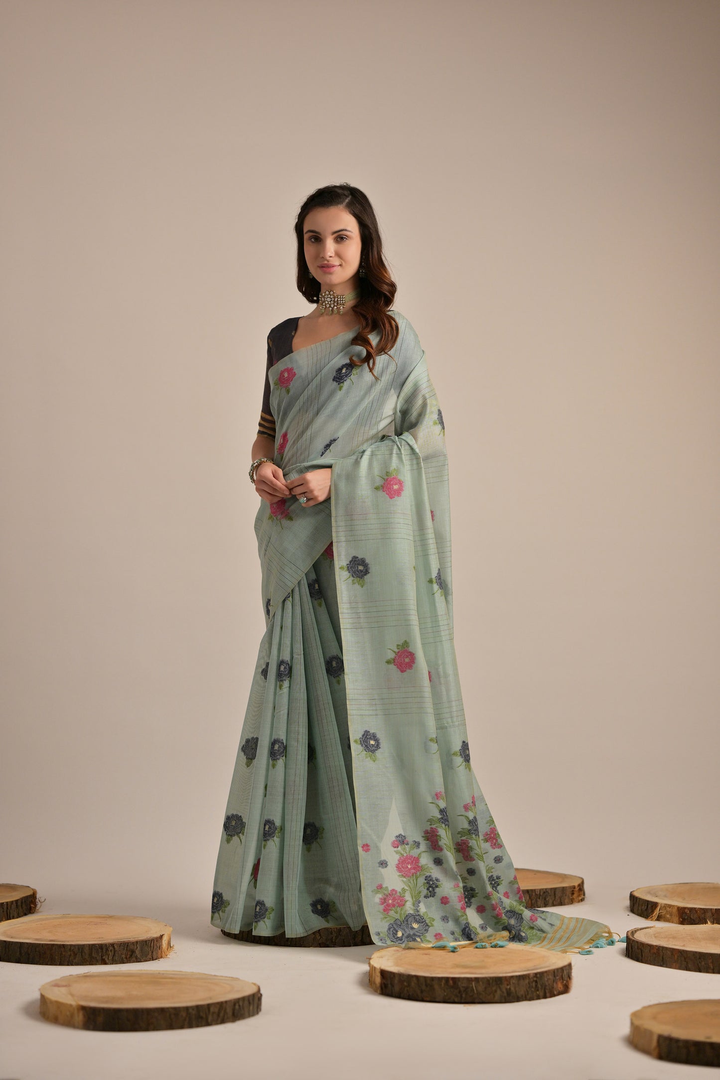 Sea Green Muga Cotton Flower embroidered saree