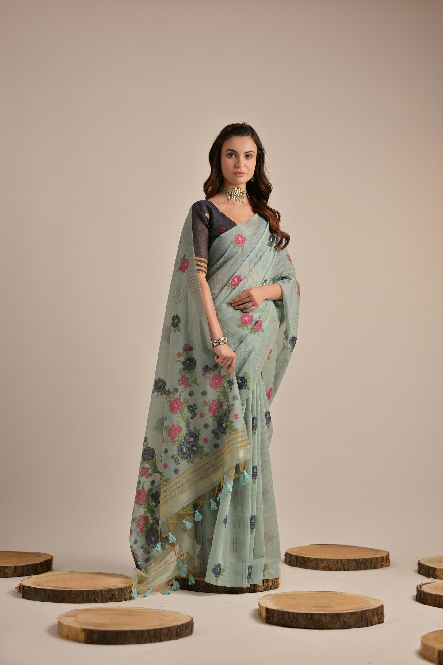 Sea Green Muga Cotton Flower embroidered saree