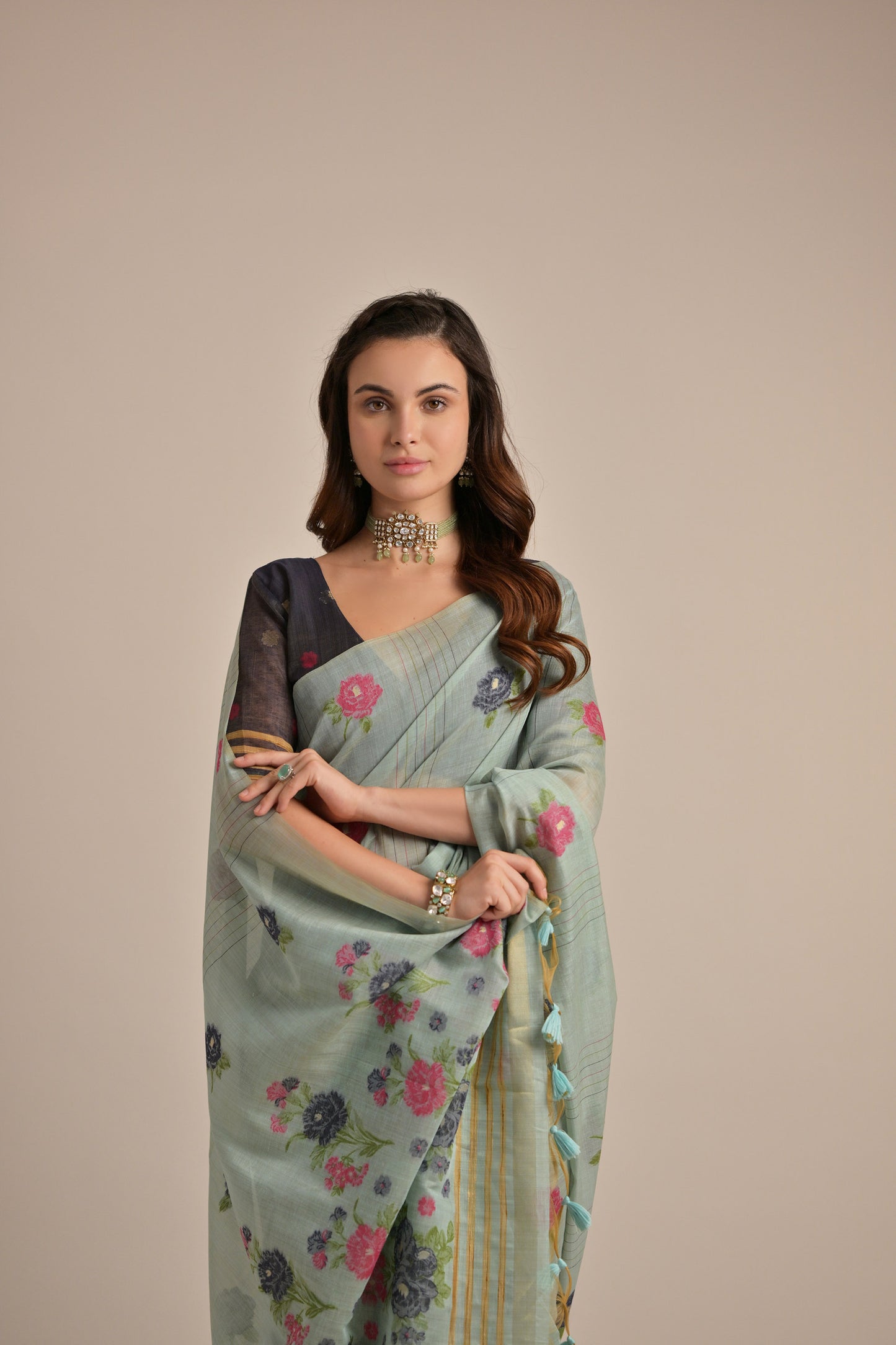 Sea Green Muga Cotton Flower embroidered saree