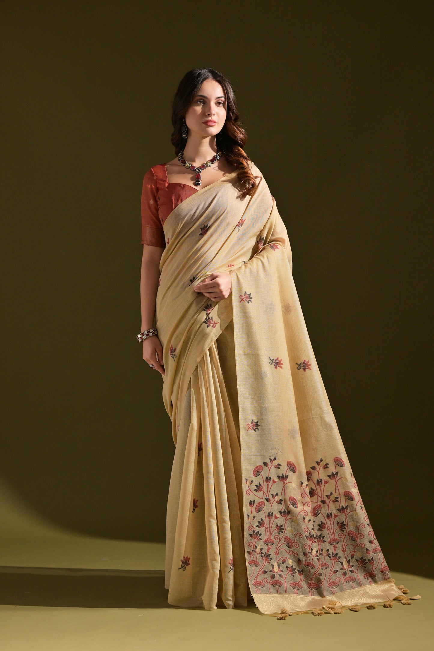 Cream Muga Cotton Lotus embroidered saree