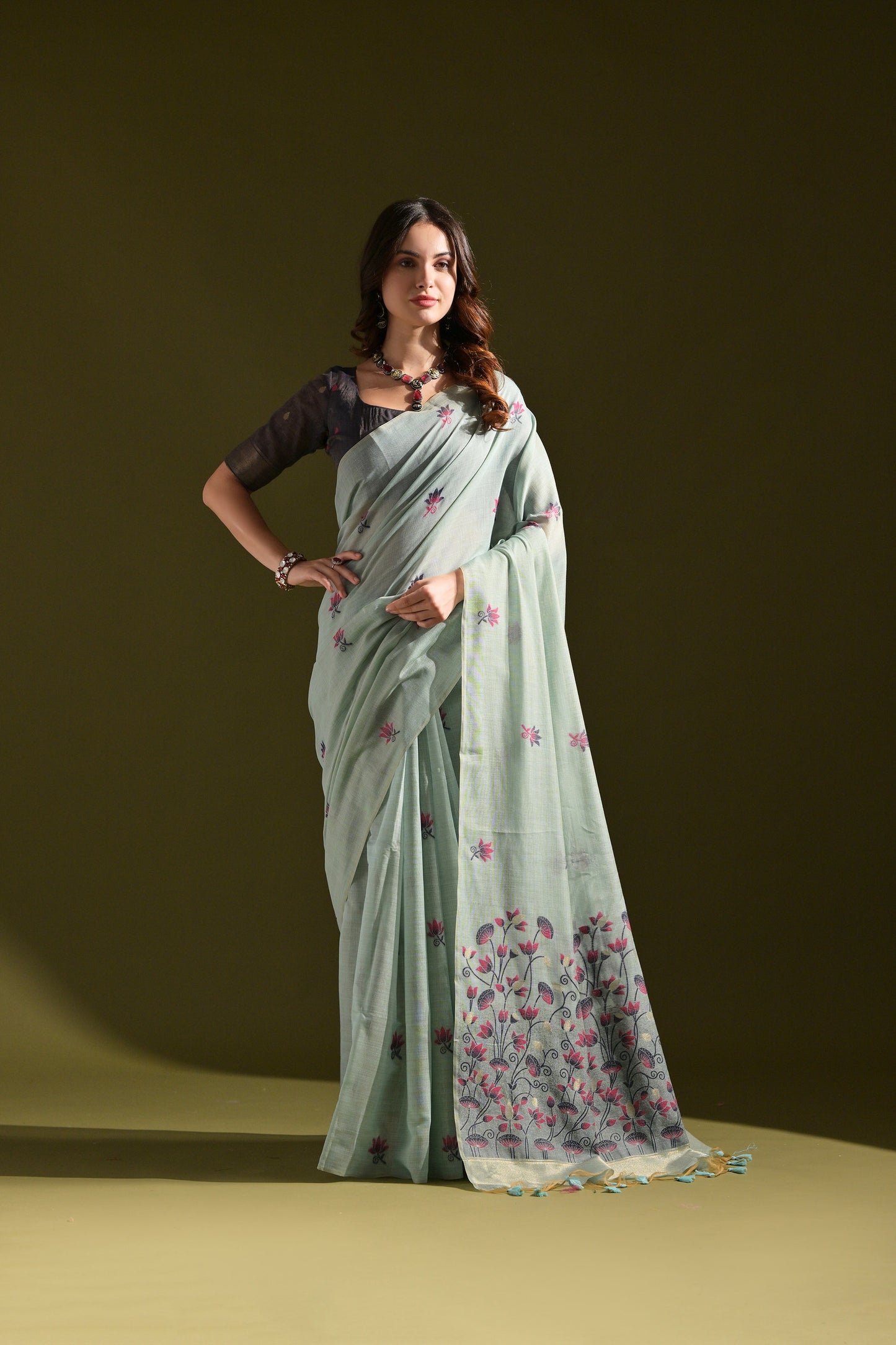 Firozi Muga Cotton Lotus embroidered saree