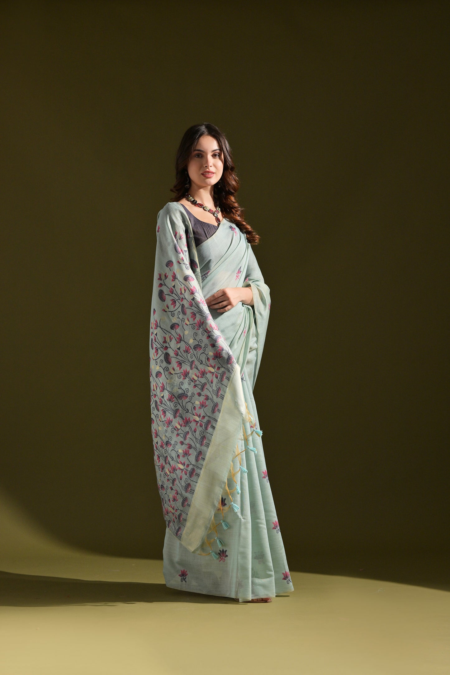 Firozi Muga Cotton Lotus embroidered saree