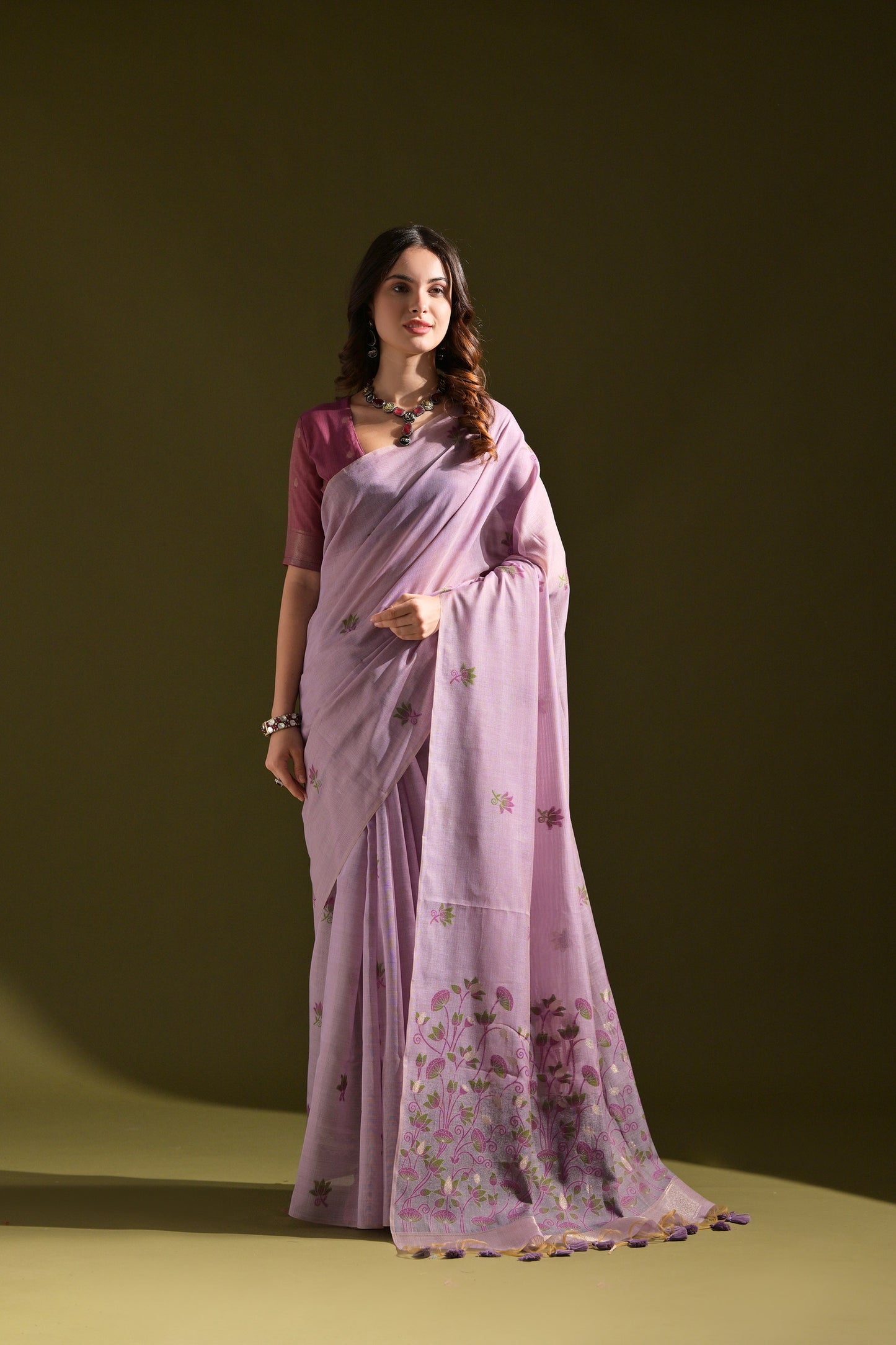 Lavender Muga Cotton Lotus embroidered saree