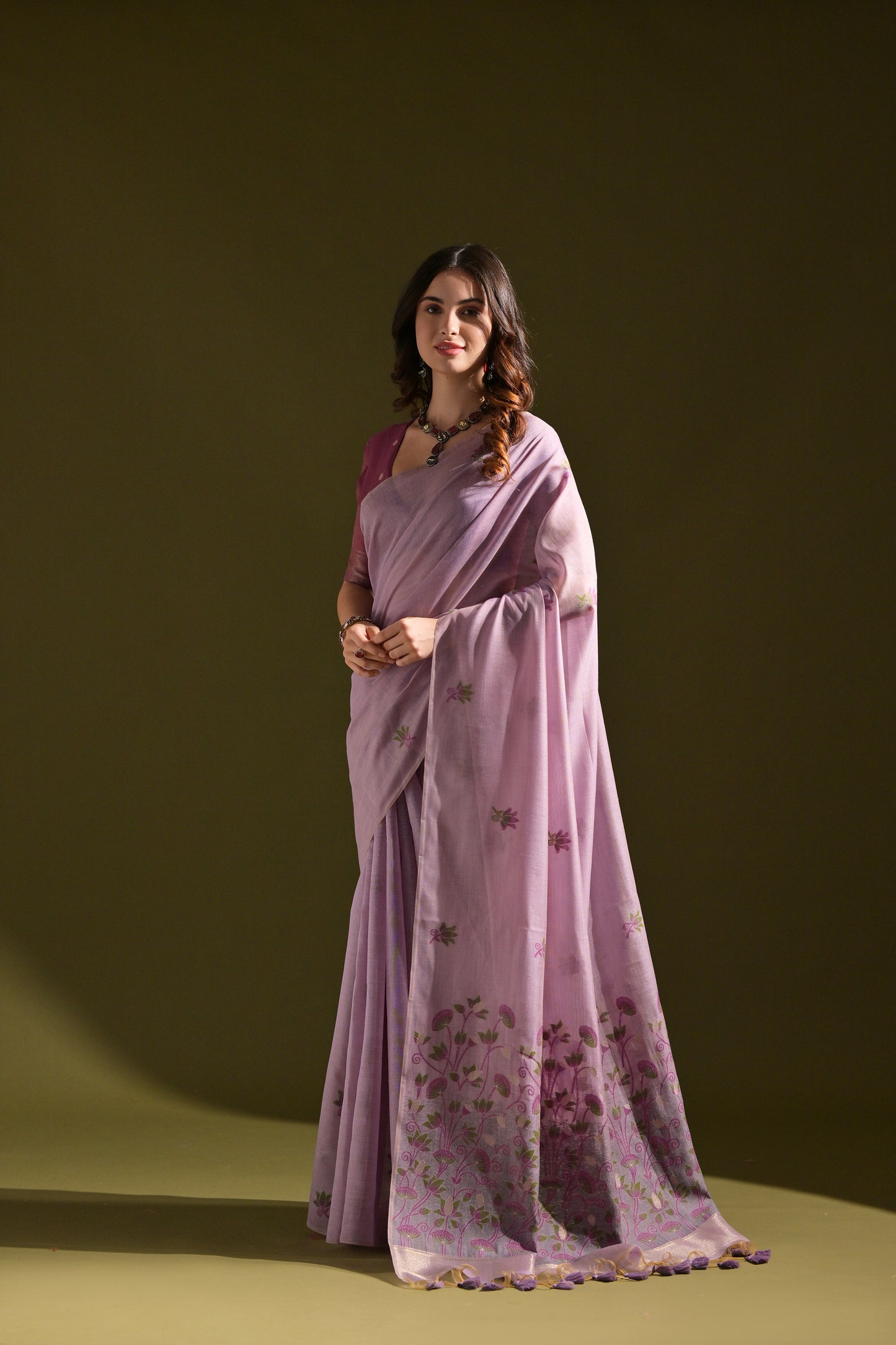 Lavender Muga Cotton Lotus embroidered saree