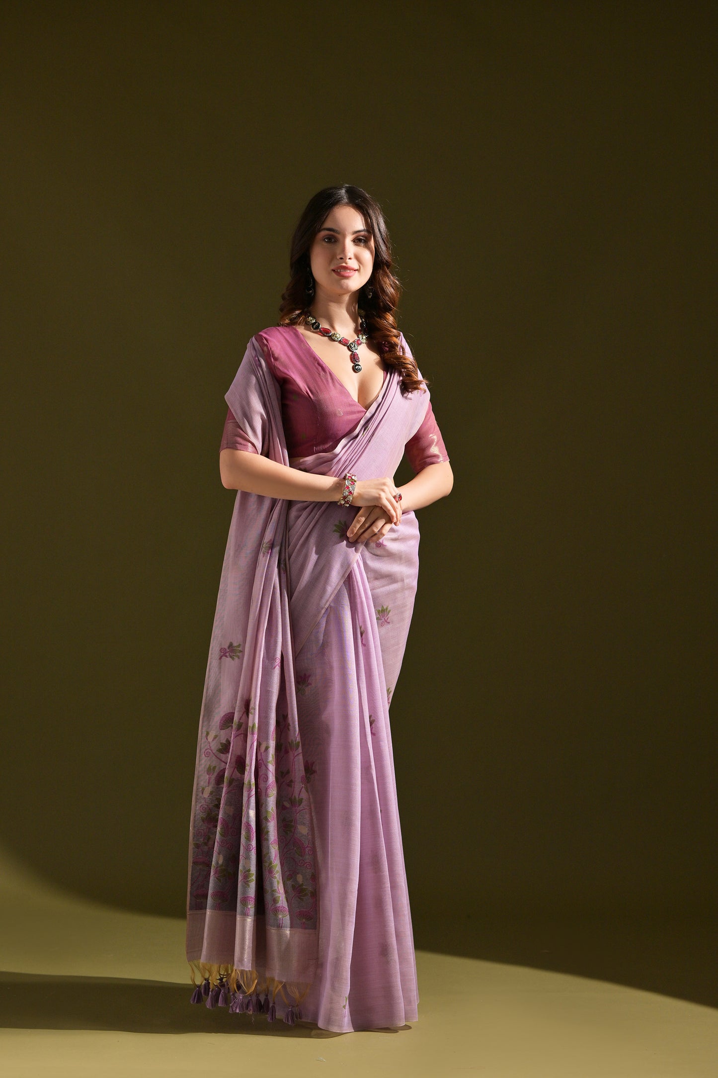 Lavender Muga Cotton Lotus embroidered saree