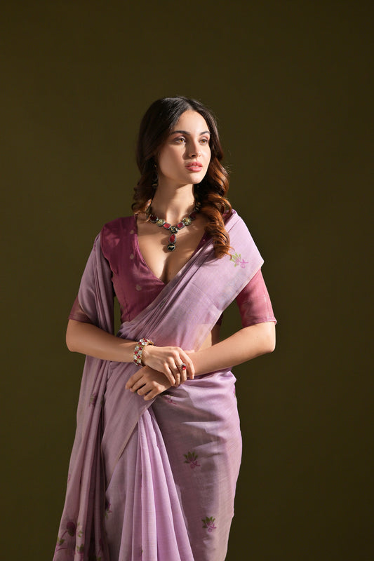 Lavender Muga Cotton Lotus embroidered saree