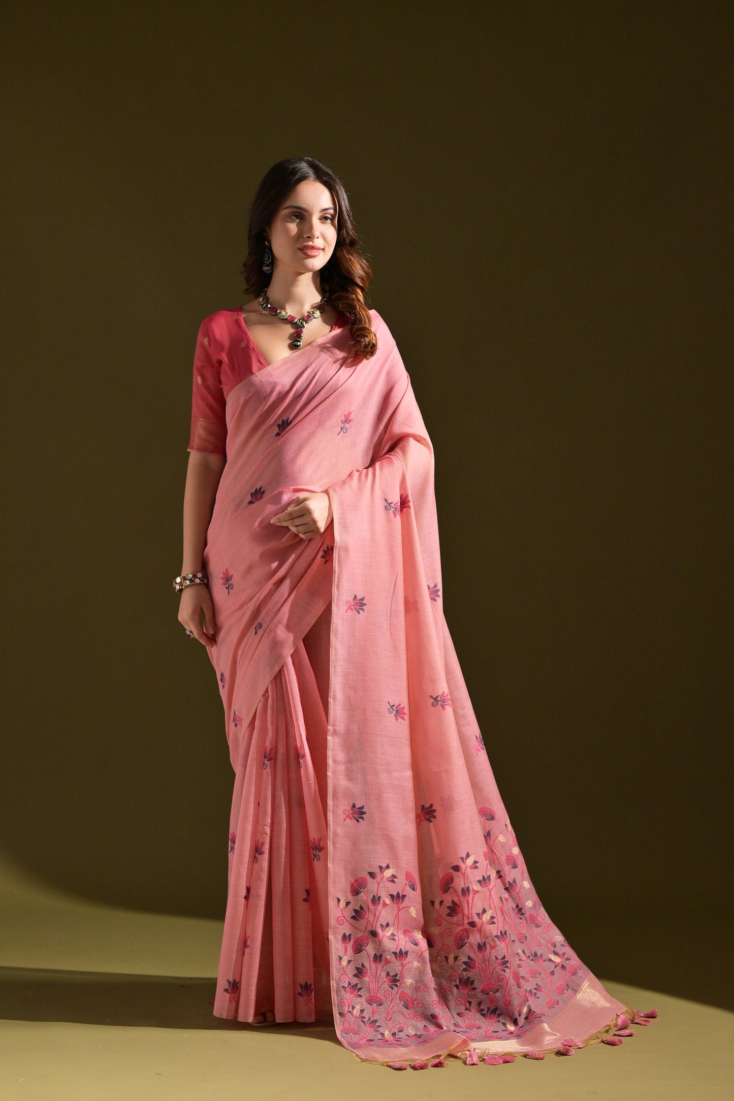 Pink Muga Cotton Lotus embroidered saree