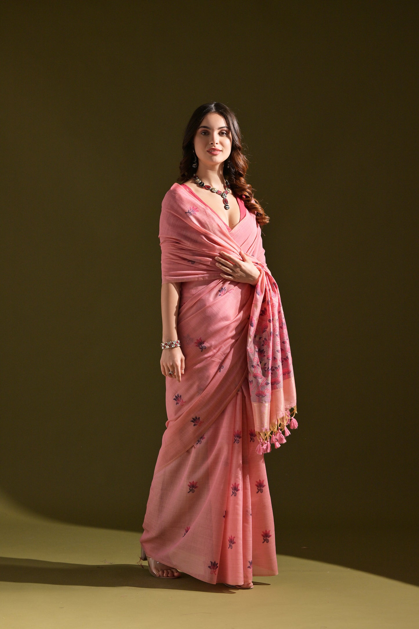 Pink Muga Cotton Lotus embroidered saree