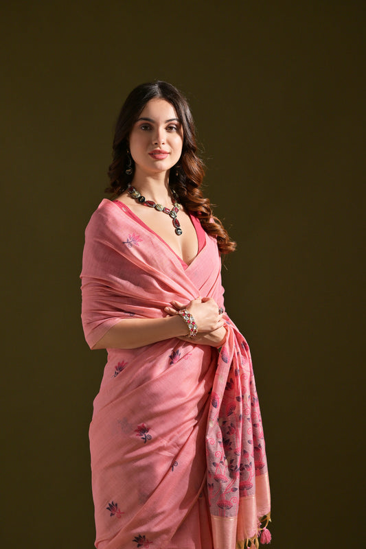 Pink Muga Cotton Lotus embroidered saree