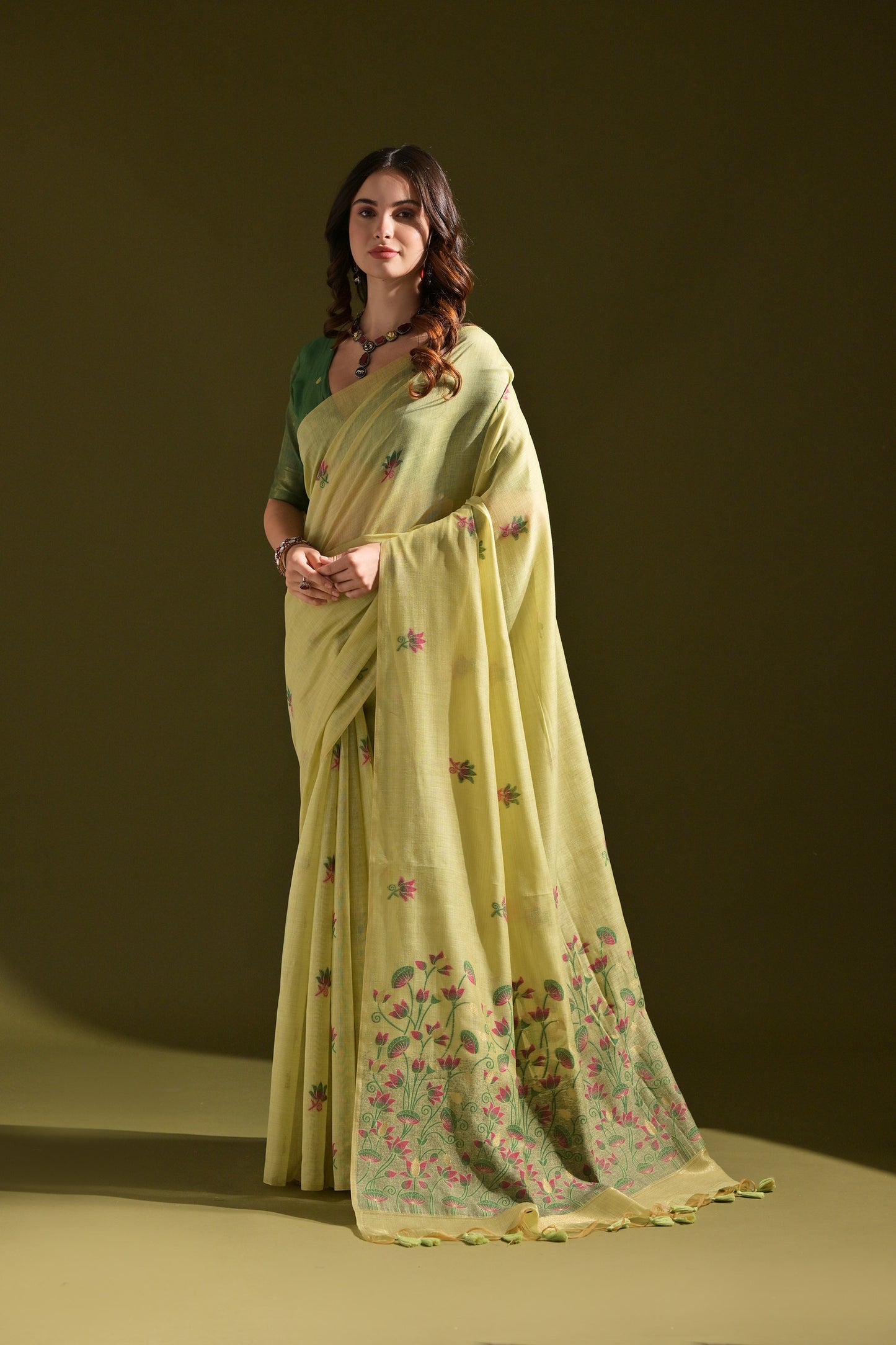 Pista Green Muga Cotton Lotus embroidered saree