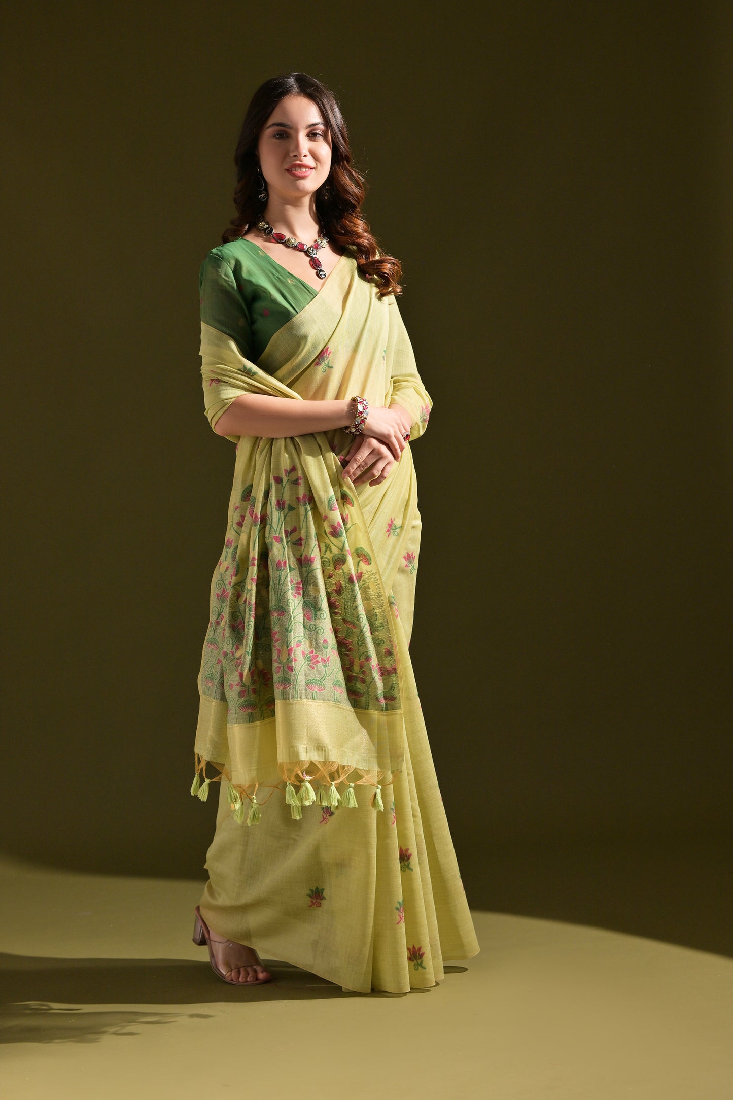 Pista Green Muga Cotton Lotus embroidered saree