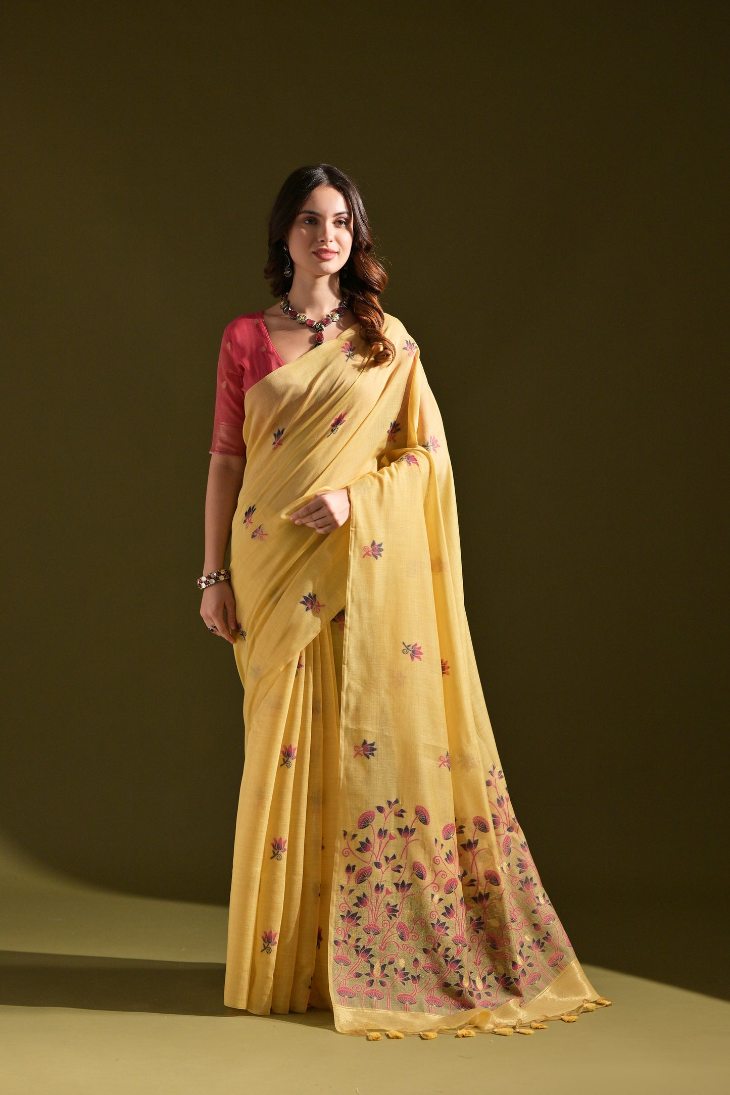 Yellow Muga Cotton Lotus embroidered saree