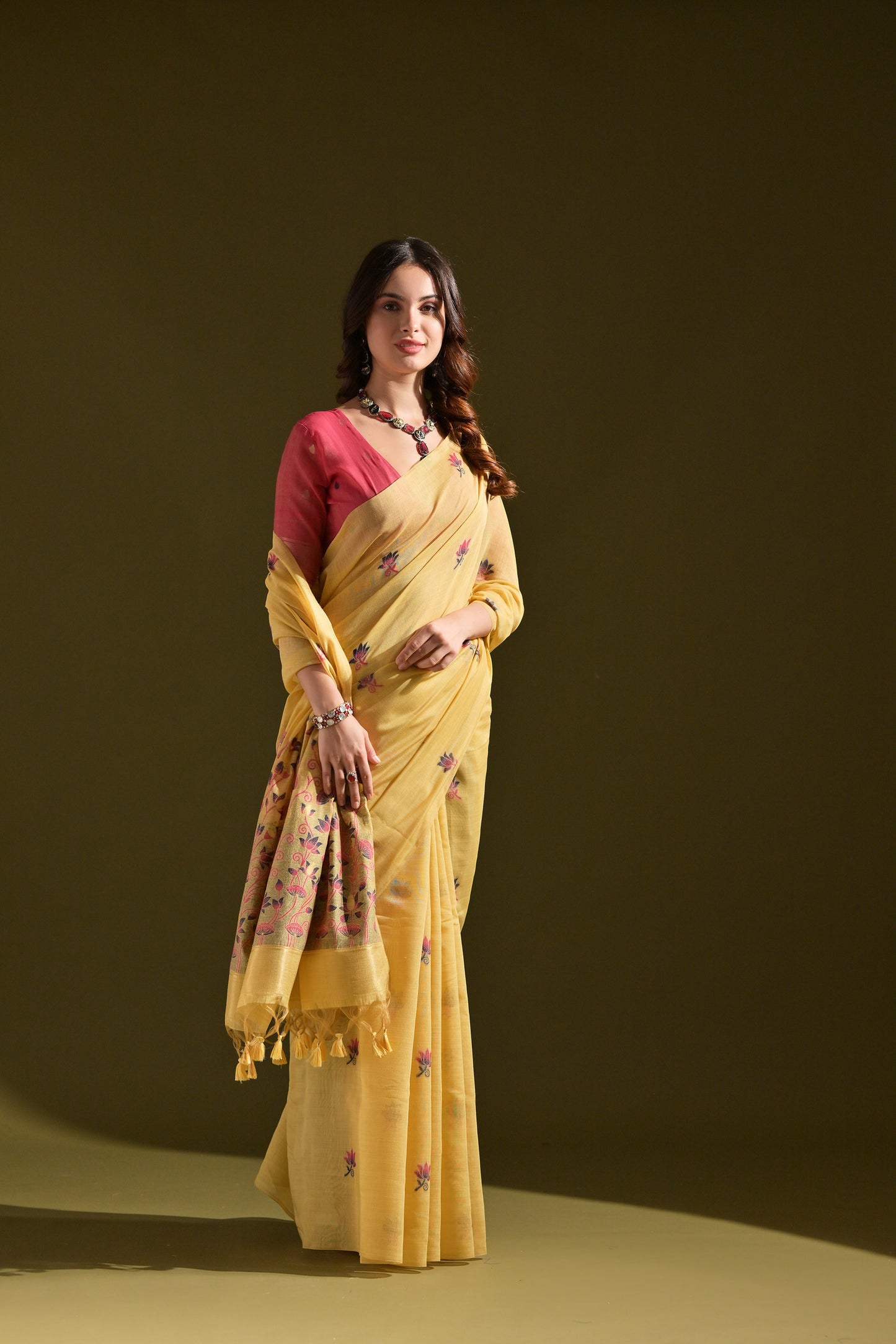 Yellow Muga Cotton Lotus embroidered saree