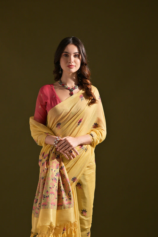 Yellow Muga Cotton Lotus embroidered saree