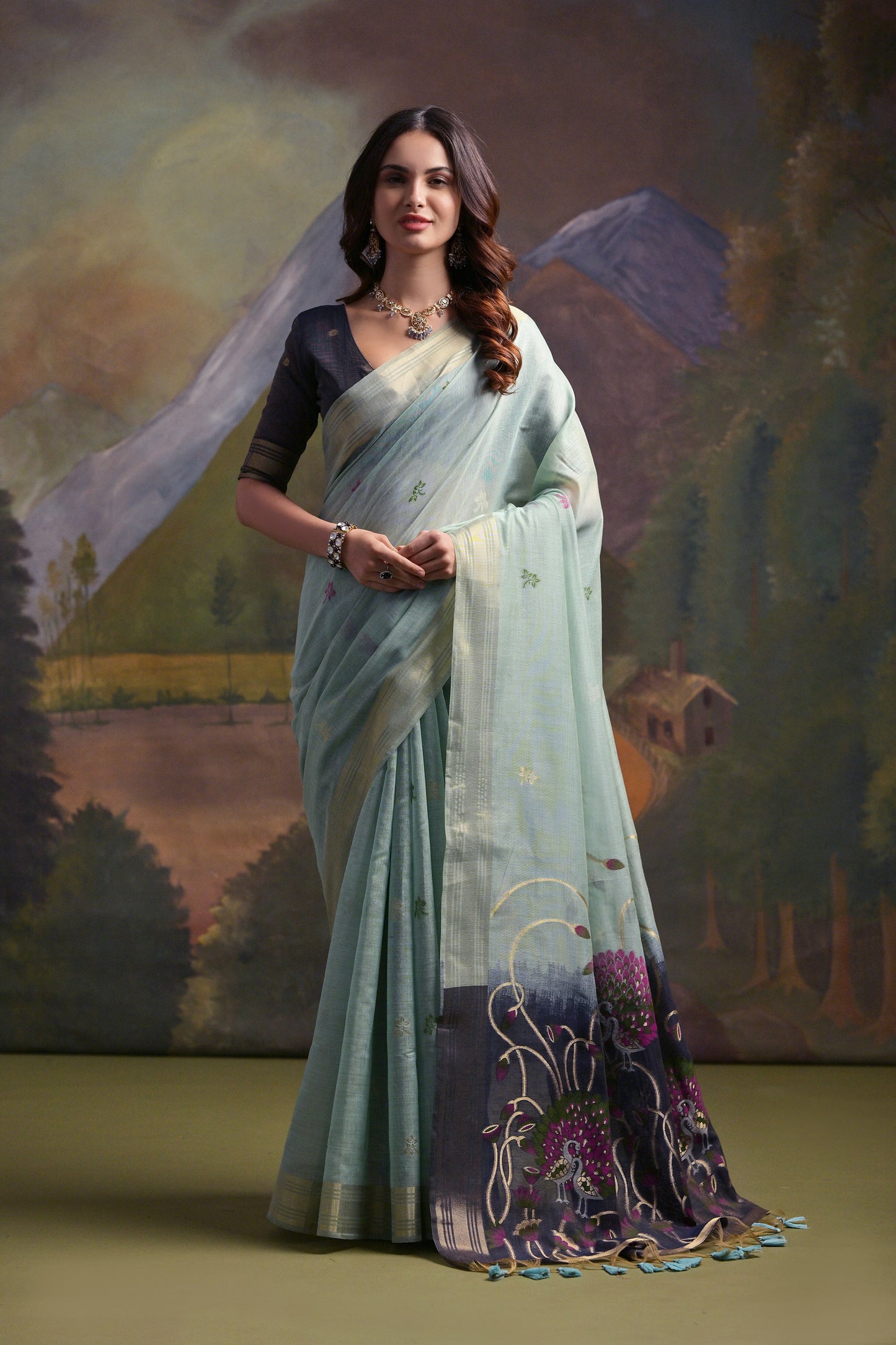 Firozi Muga Cotton Peacock embroidered Handloom saree