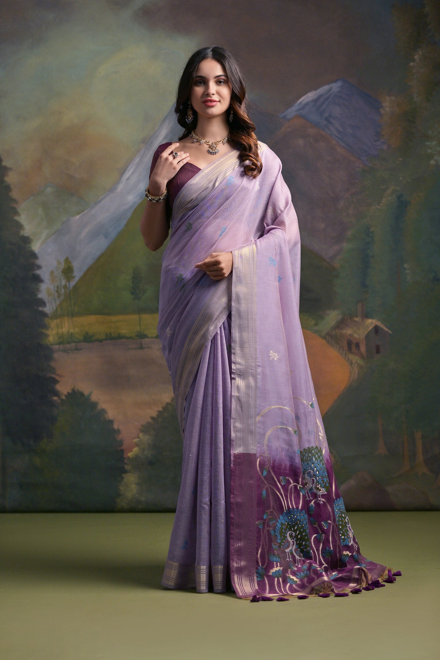 Lavender Muga Cotton Peacock embroidered Handloom saree