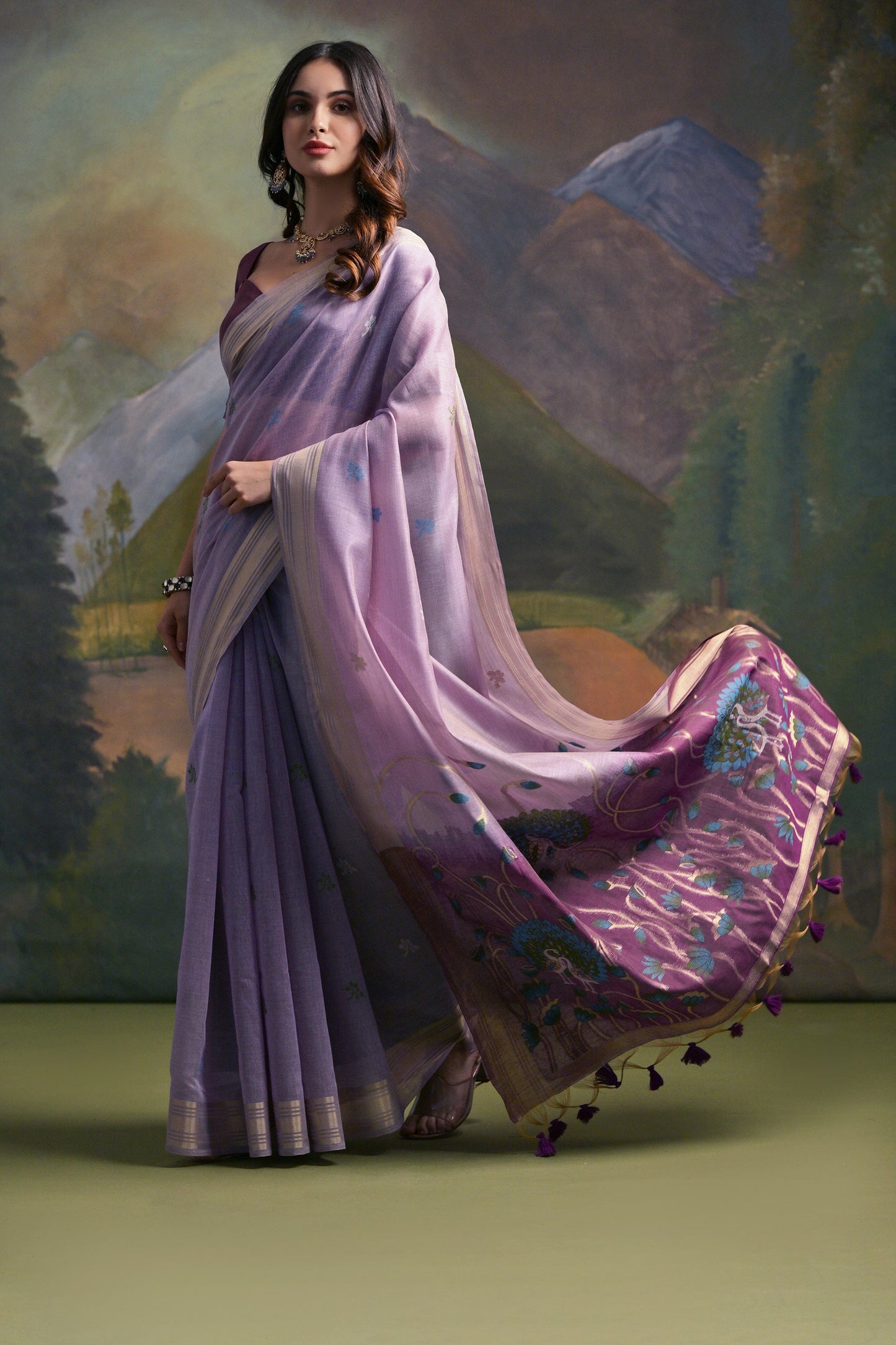 Lavender Muga Cotton Peacock embroidered Handloom saree