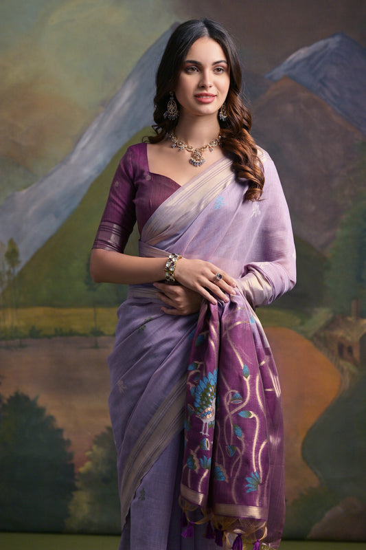 Lavender Muga Cotton Peacock embroidered Handloom saree