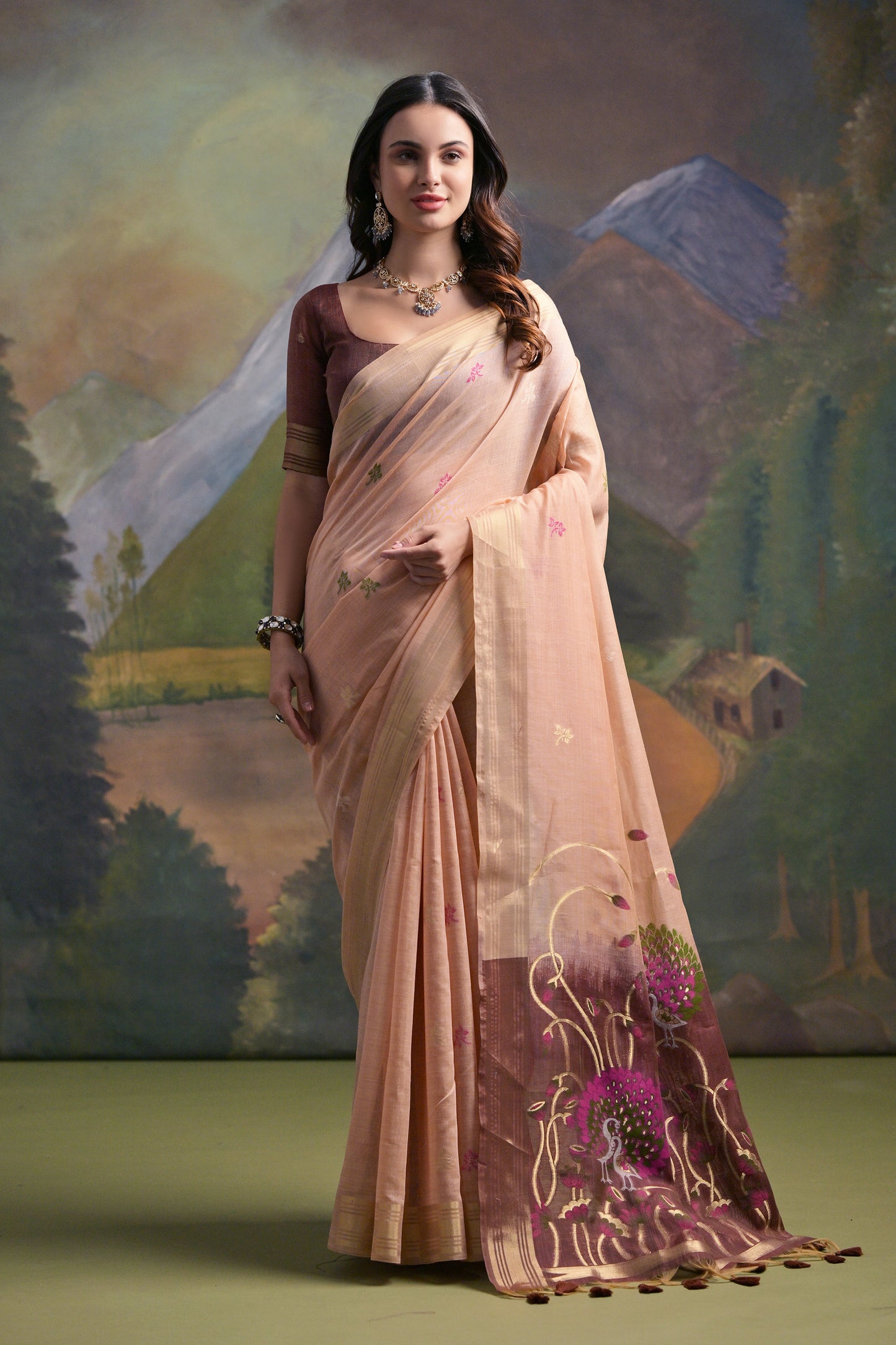 Peach Muga Cotton Peacock embroidered Handloom saree