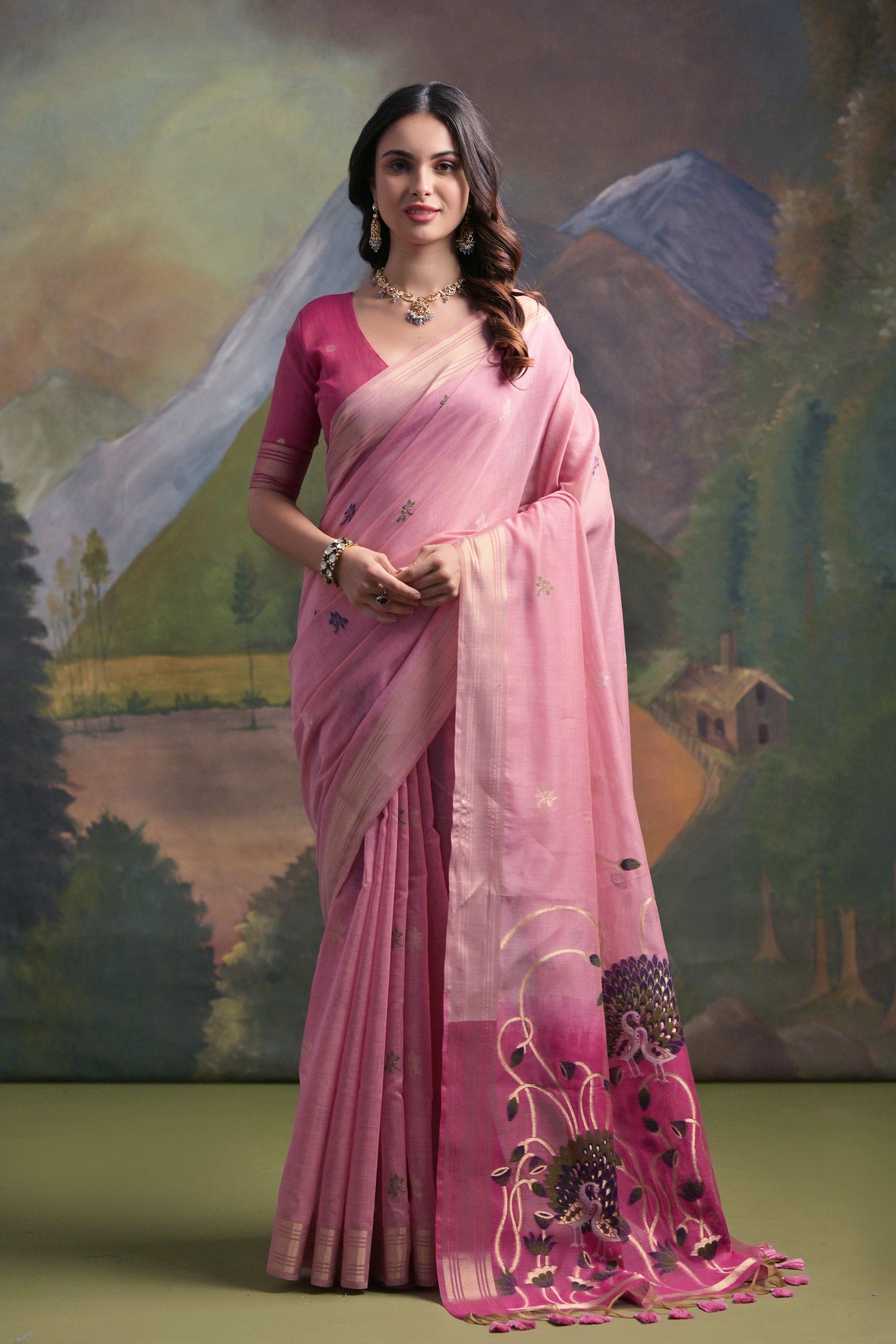 Pink Muga Cotton Peacock embroidered Handloom saree