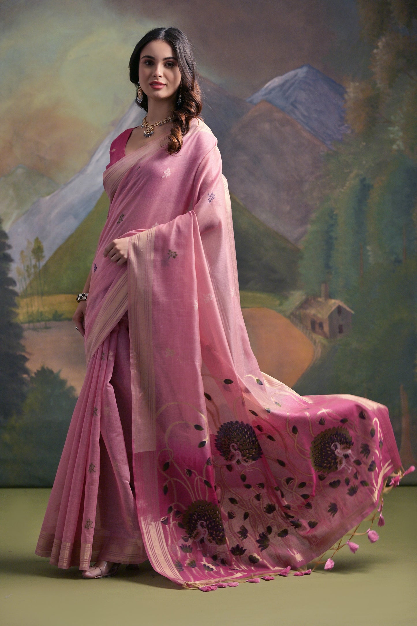 Pink Muga Cotton Peacock embroidered Handloom saree