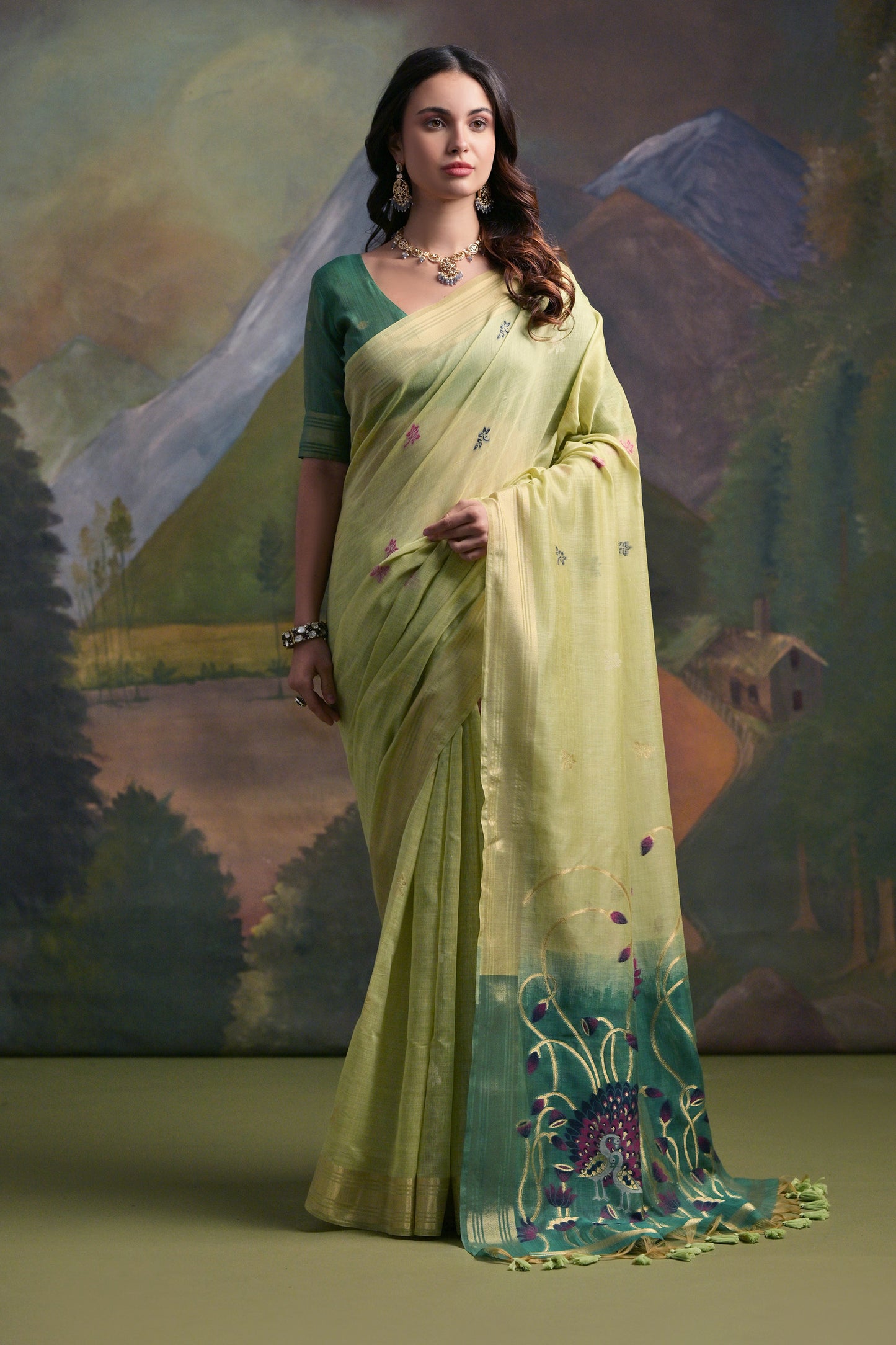 Pista Green Muga Cotton Peacock embroidered Handloom saree