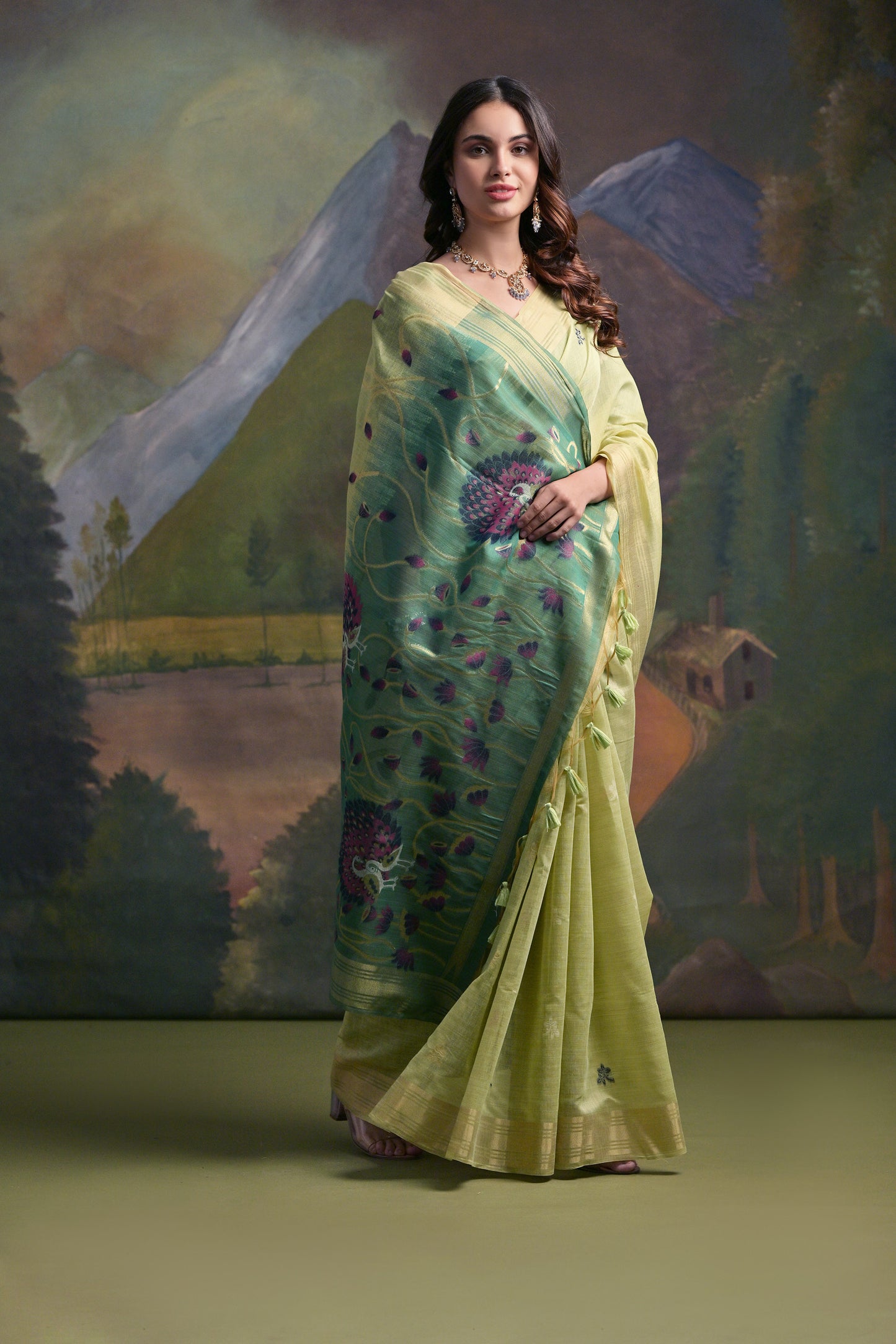 Pista Green Muga Cotton Peacock embroidered Handloom saree