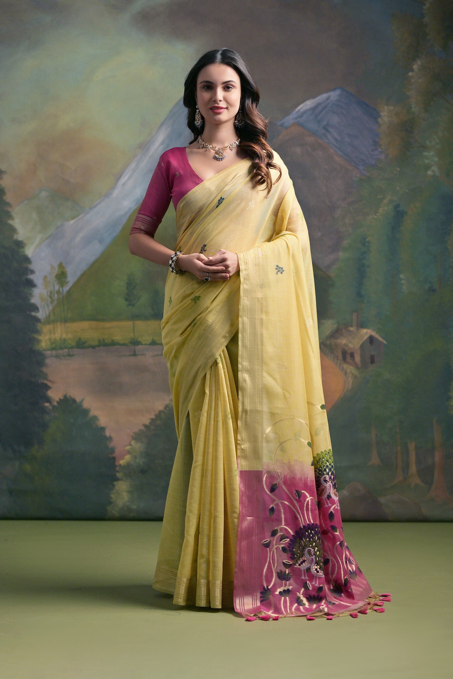 Yellow Muga Cotton Peacock embroidered Handloom saree