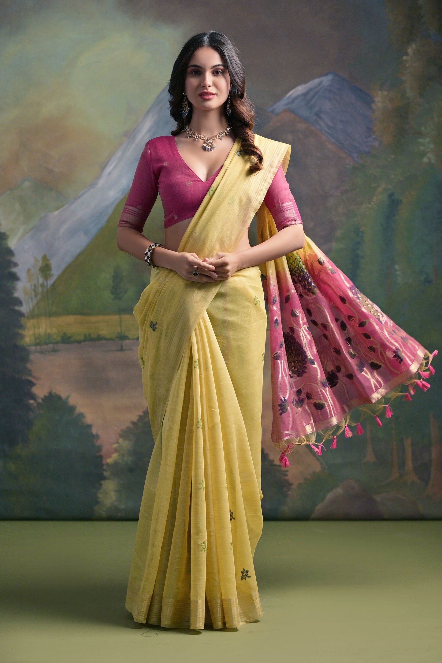 Yellow Muga Cotton Peacock embroidered Handloom saree