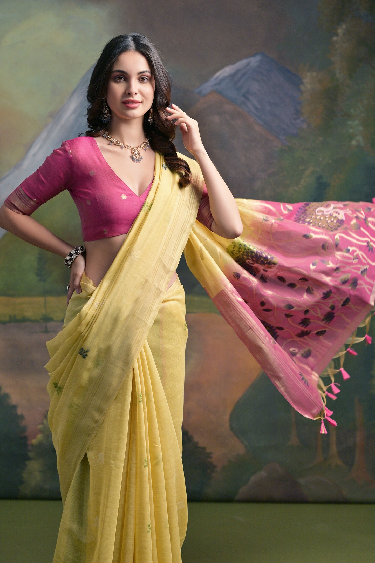 Yellow Muga Cotton Peacock embroidered Handloom saree