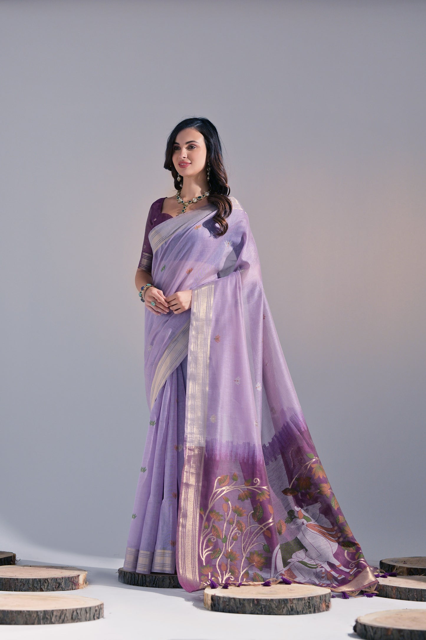 Lavender Muga Cotton Cow Design Woven saree