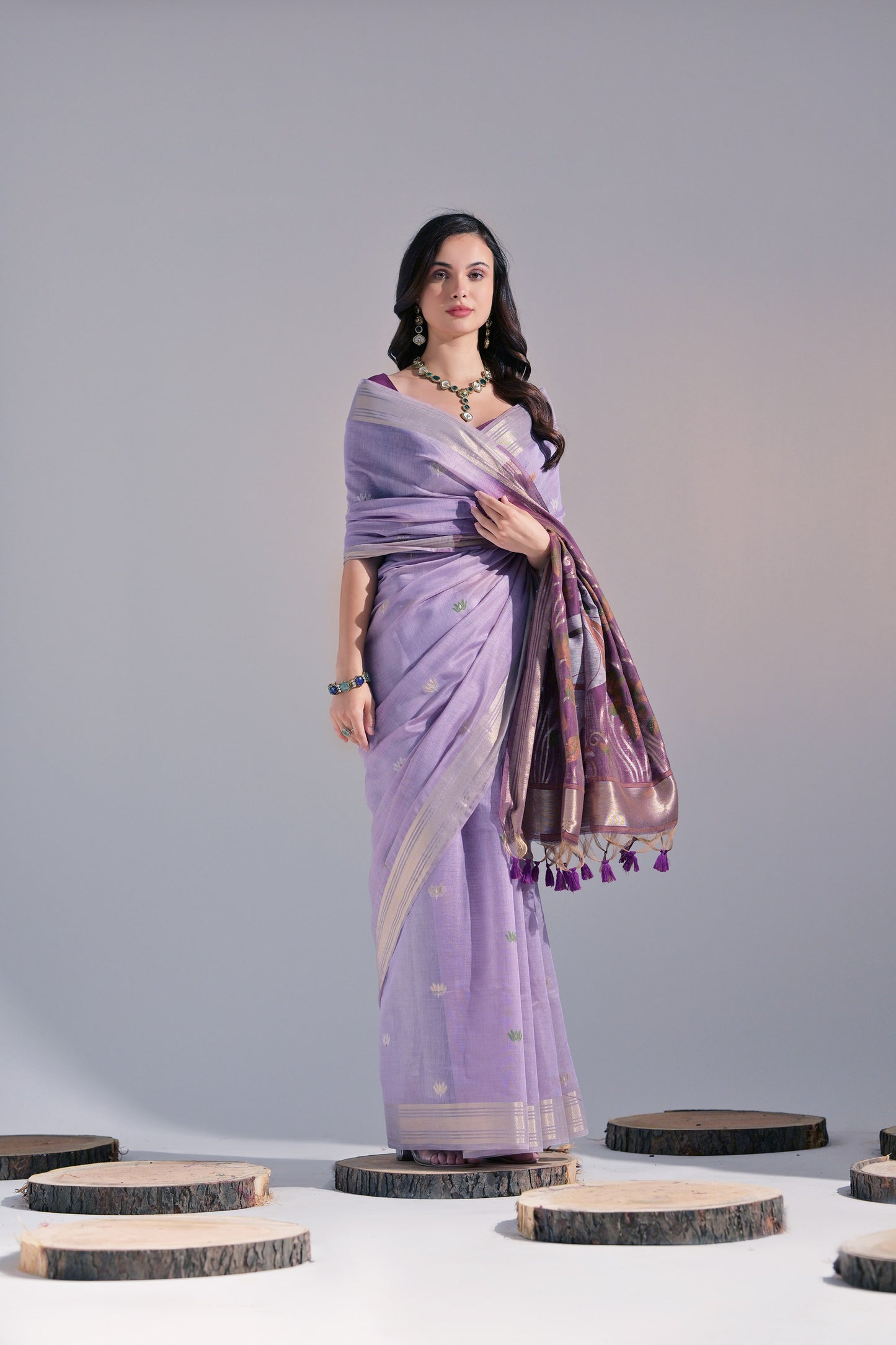 Lavender Muga Cotton Cow Design Woven saree