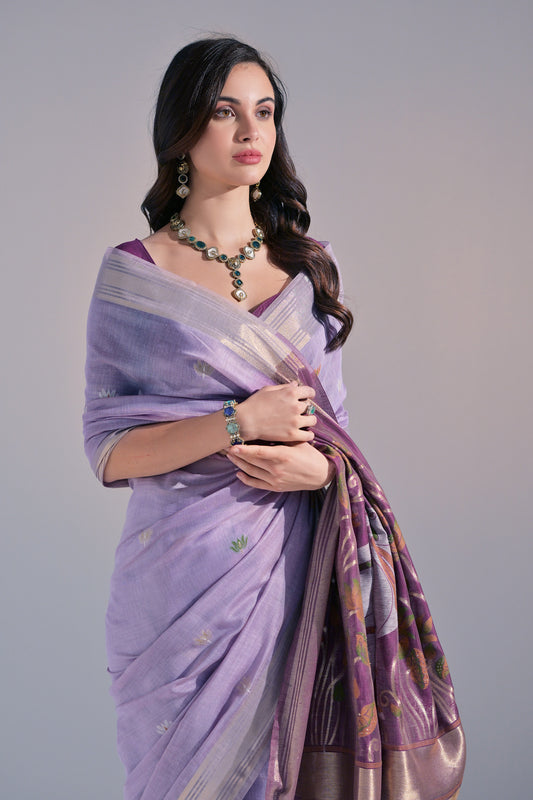 Lavender Muga Cotton Cow Design Woven saree