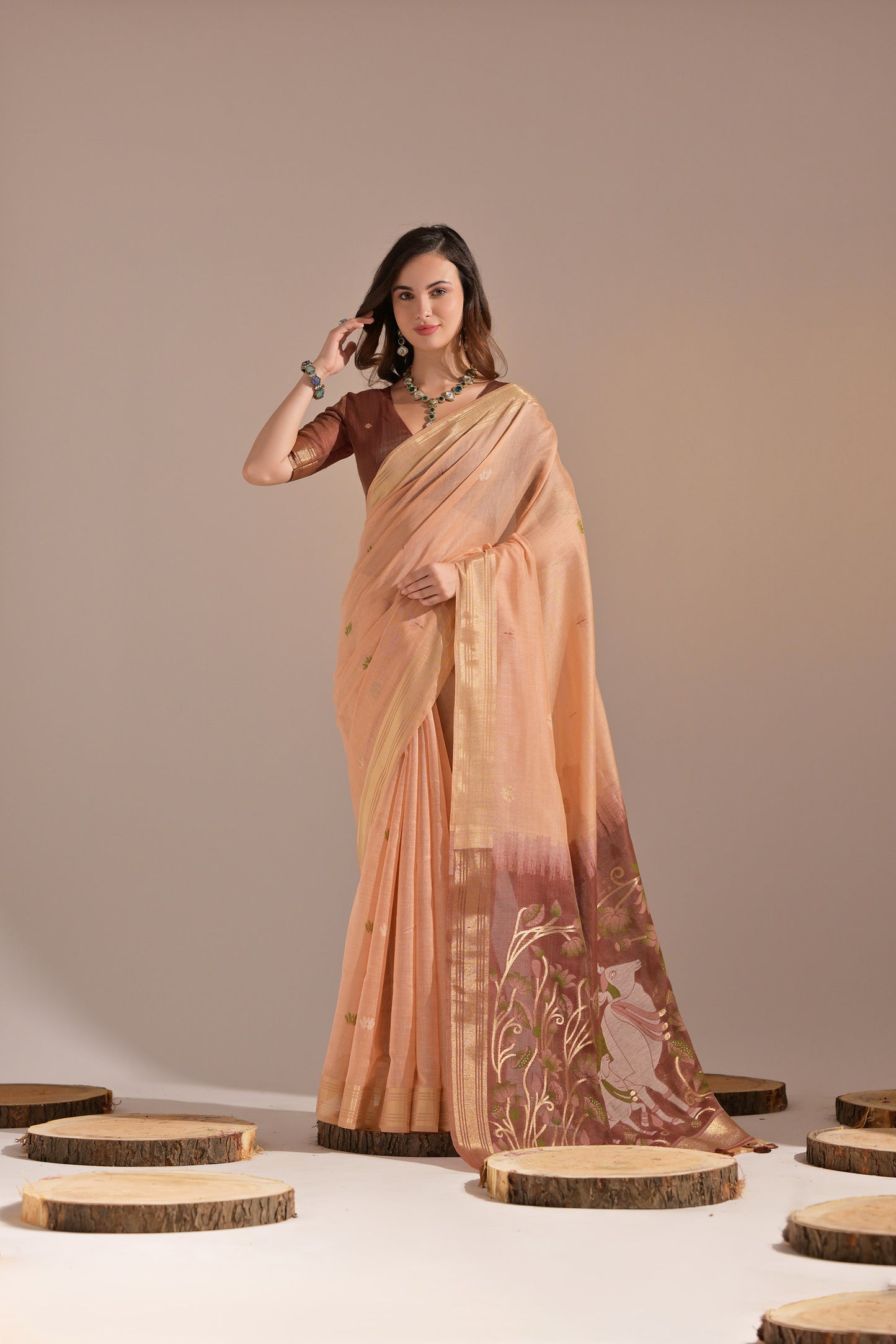 Peach Muga Cotton Cow Design Woven saree