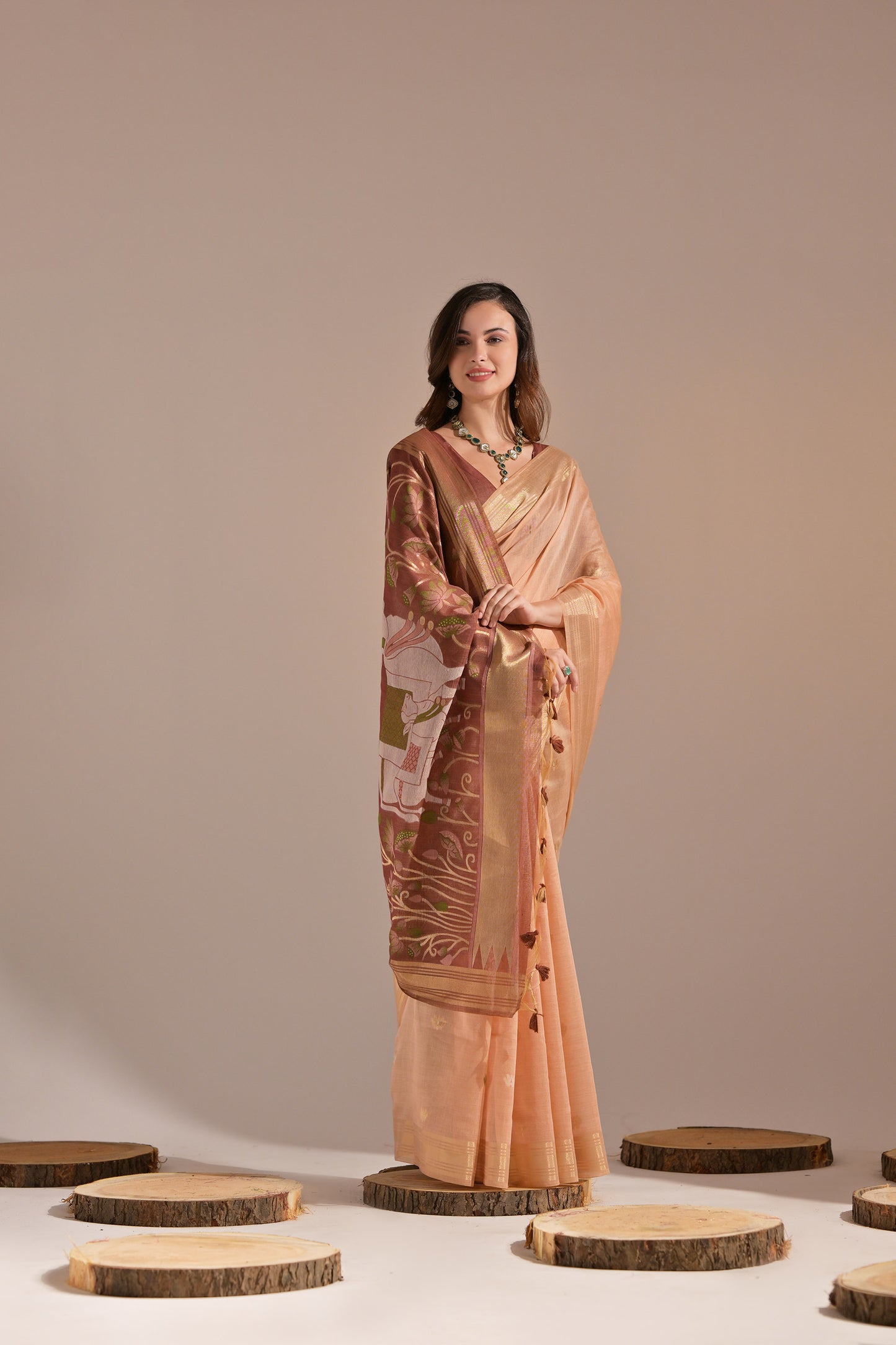 Peach Muga Cotton Cow Design Woven saree