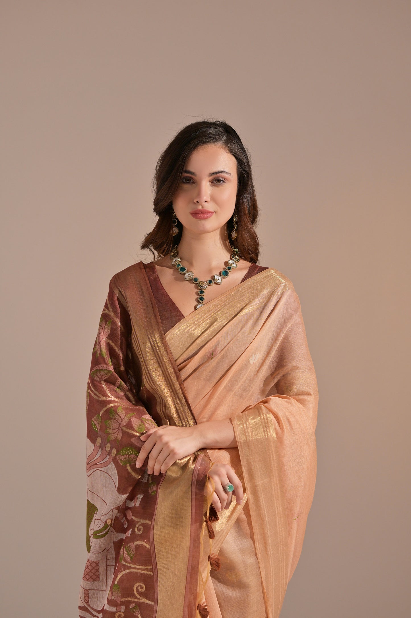 Peach Muga Cotton Cow Design Woven saree