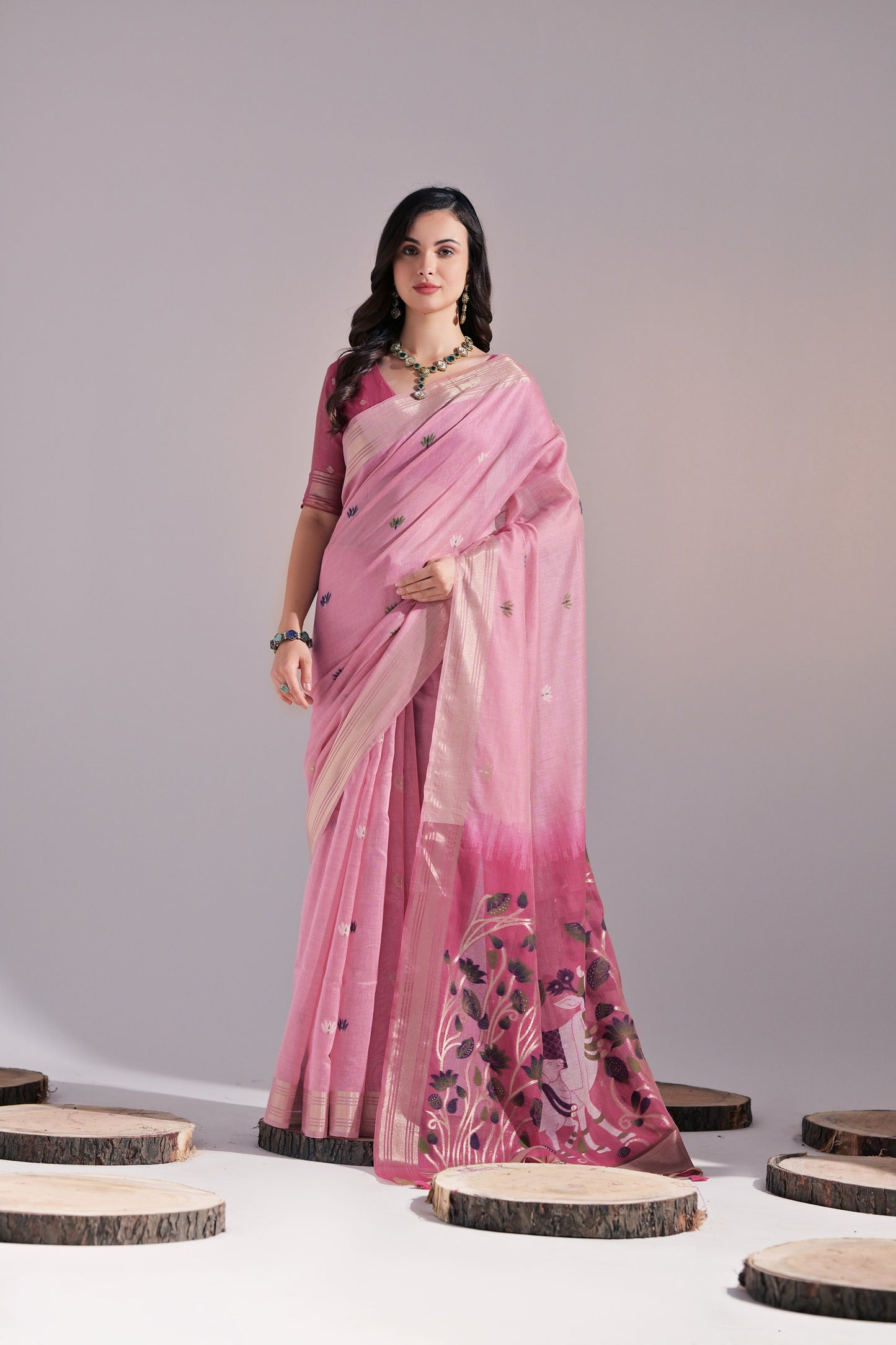 Pink Muga Cotton Cow Design Woven saree