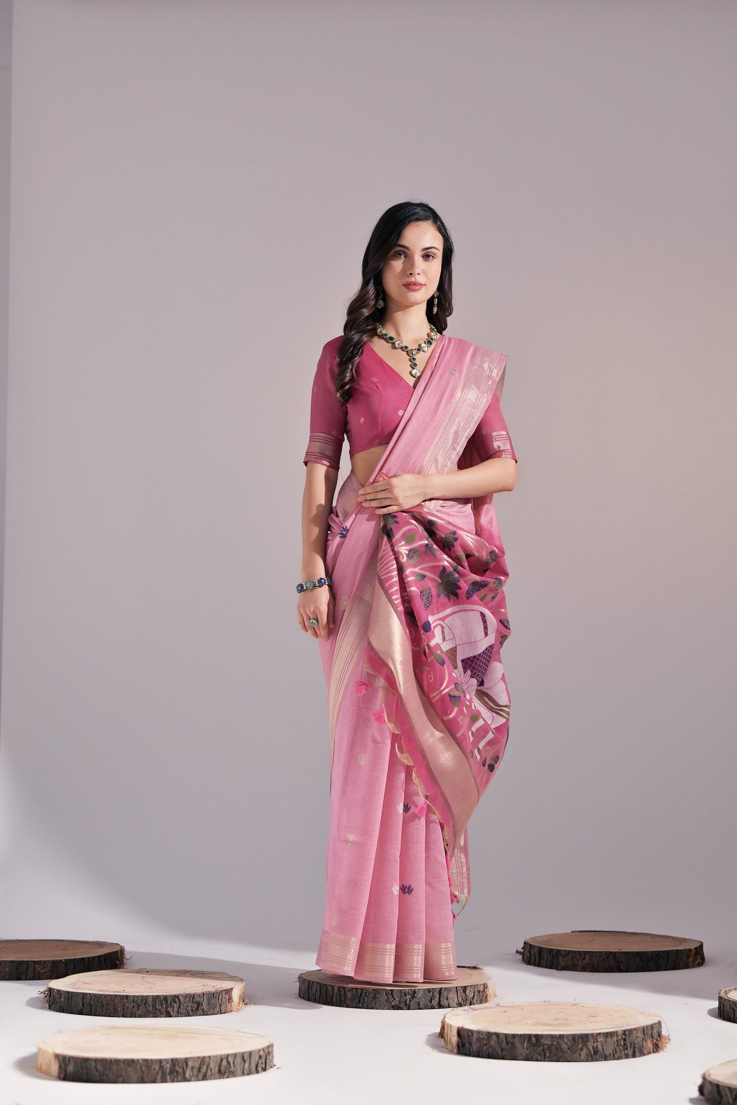 Pink Muga Cotton Cow Design Woven saree