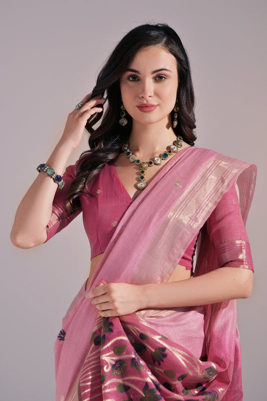 Pink Muga Cotton Cow Design Woven saree